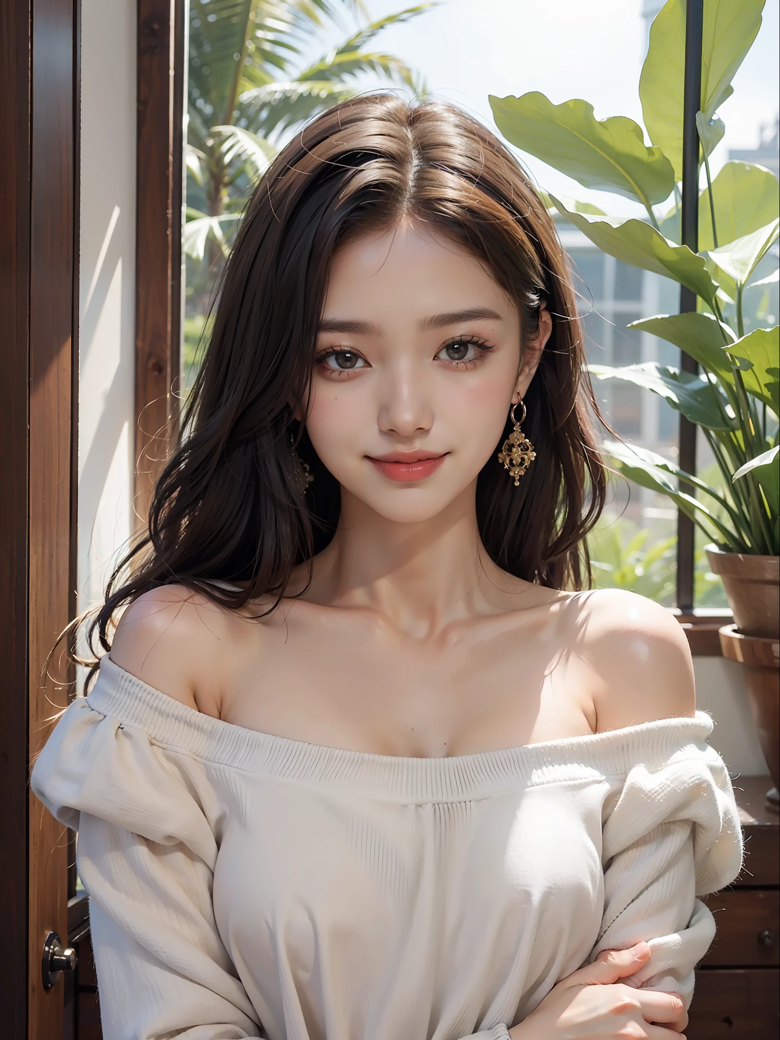 best quality, masterpiece, ultra high res, photorealistic, 1girl, offshoulder, smile