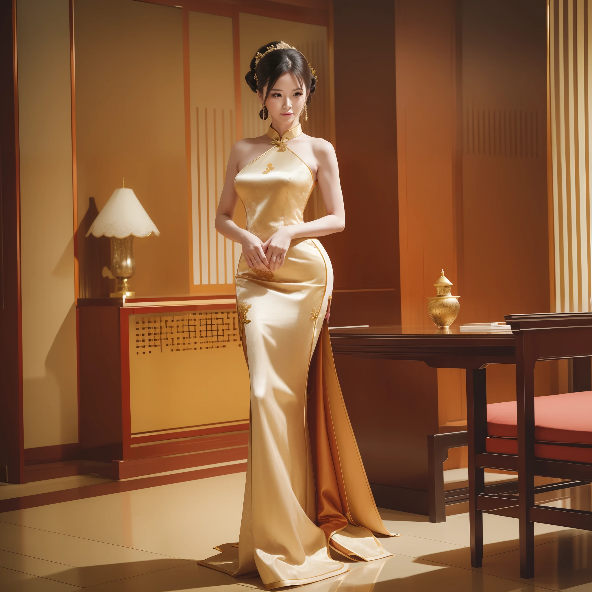 Woman in cheongsam, standing on the floor, elegant middle-aged woman, elegant posture, mature temperament elegant, she is 40 years old, elegant legs, elegant seduction pose, do an elegant pose to you, elegant posture, posture elegant, stunning elegant posture, stunning elegance, elegant charm pose, elegant seduction pose,