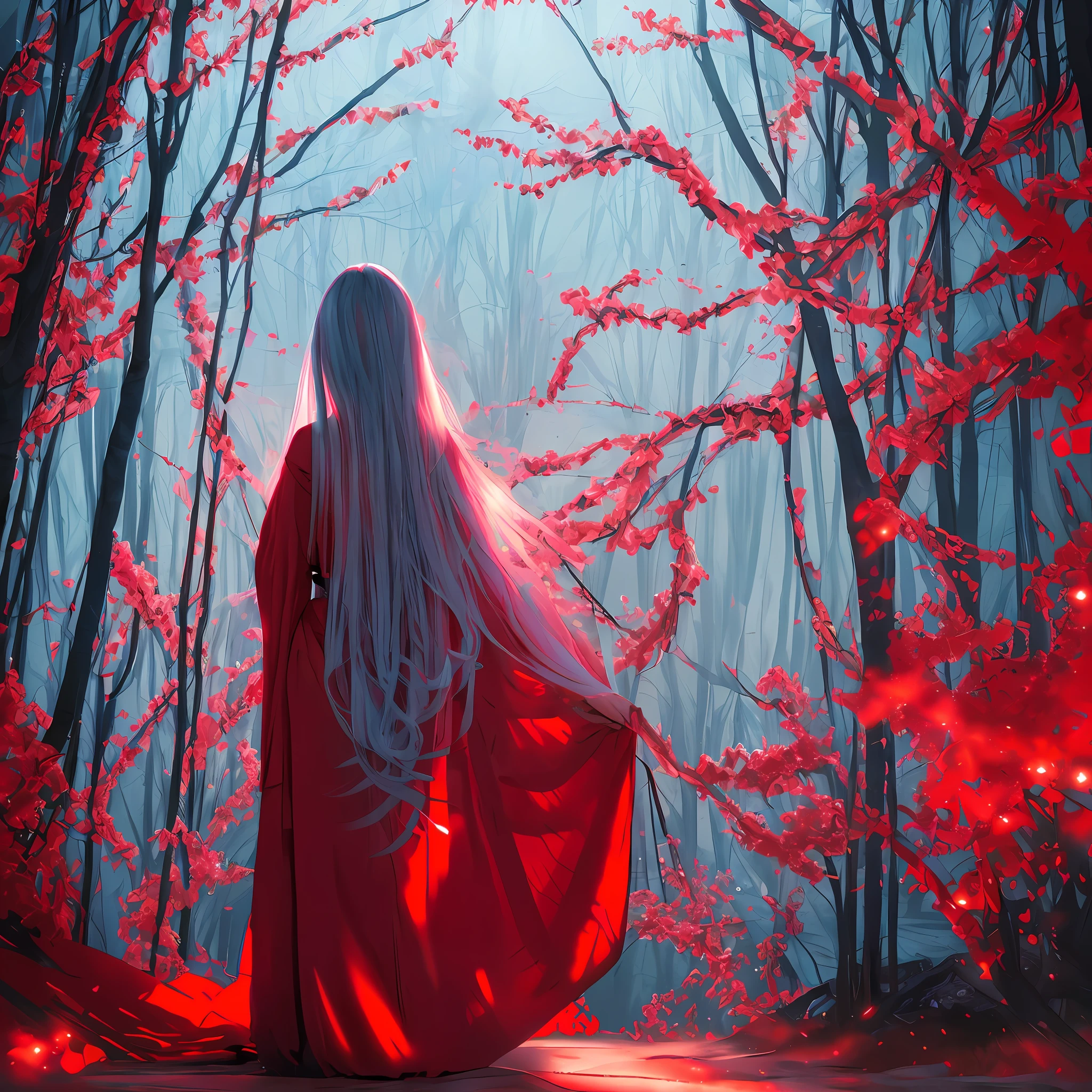 Anime characters, top manga master works, full body back pose, manga artwork, art of the body, a woman in a red robe, very ethereal, an ethereal stillness, incredibly ethereal, "ethereal, dreamy hazy, back view, ethereal and dreamy, fantastic medium portrait top light, eerie, soft ethereal light, dreamy and ethereal, ethereal, 8k wallpaper."