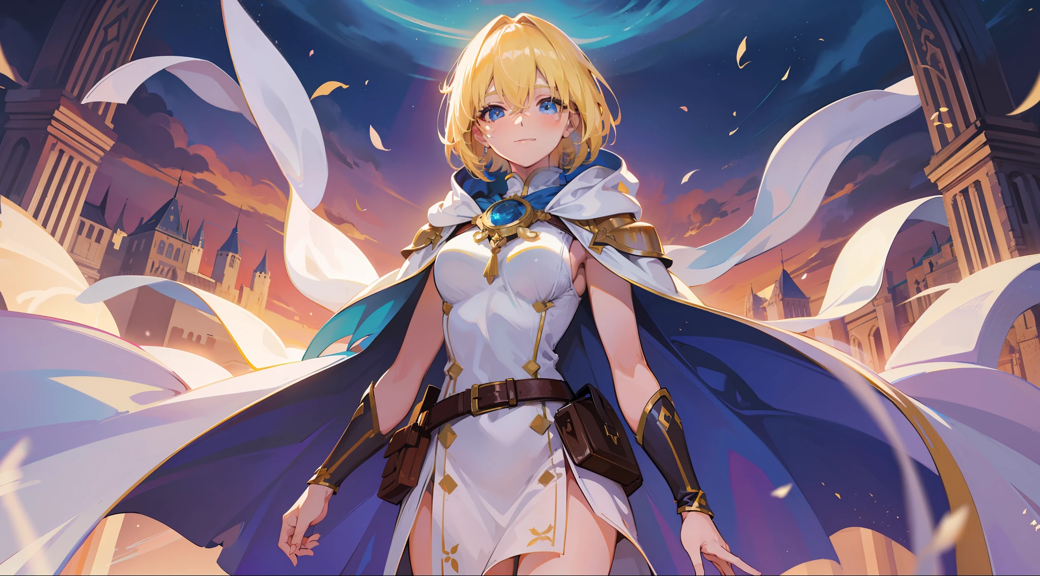 a girl, cleric, blonde, short hair, bright blue eyes, beautiful breasts, hair between eyes, bangs, full body, confident, heroic posture, smiling, looking at camera, white robe, cape, hood lowered, fantasy, medieval, rays of sun, magic of light