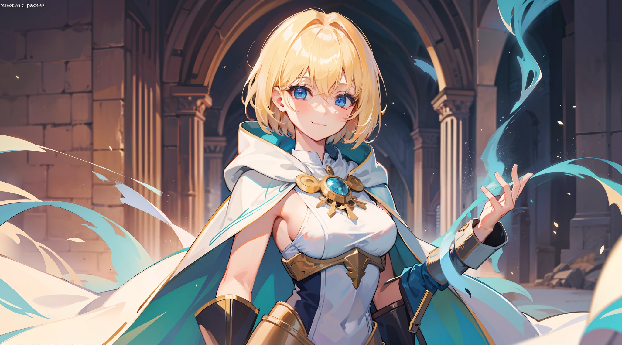 a girl, cleric, blonde, short hair, bright blue eyes, beautiful breasts, hair between eyes, bangs, full body, confident, heroic posture, smiling, looking at camera, white robe, cape, hood lowered, fantasy, medieval, rays of sun, magic of light