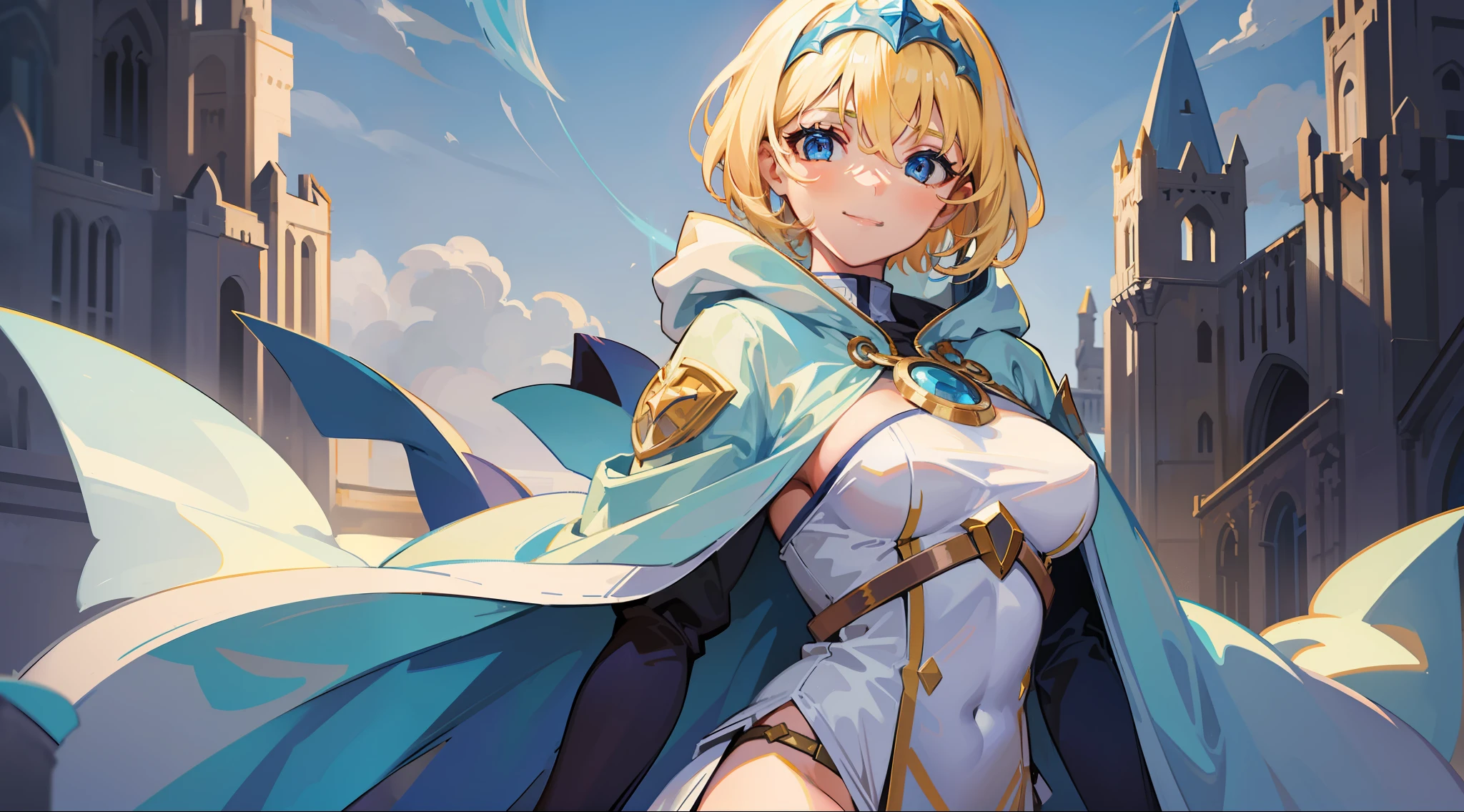a girl, cleric, blonde, short hair, bright blue eyes, beautiful breasts, hair between eyes, bangs, full body, confident, heroic posture, smiling, looking at camera, white robe, cape, hood lowered, fantasy, medieval, rays of sun, magic of light