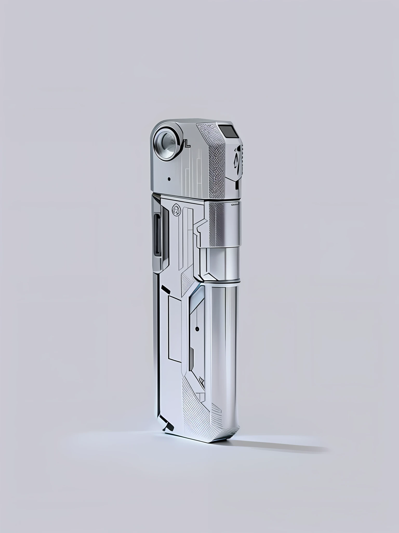 A minimalist futuristic style lighter, concept art lighter, studio lighting, product design lens, 1200 dpi, 1 2 0 0 dpi, product design rendering, 1 8 0 0 dpi, detailed product image, on white background, digital art H 9 6 0, f/8, f/8