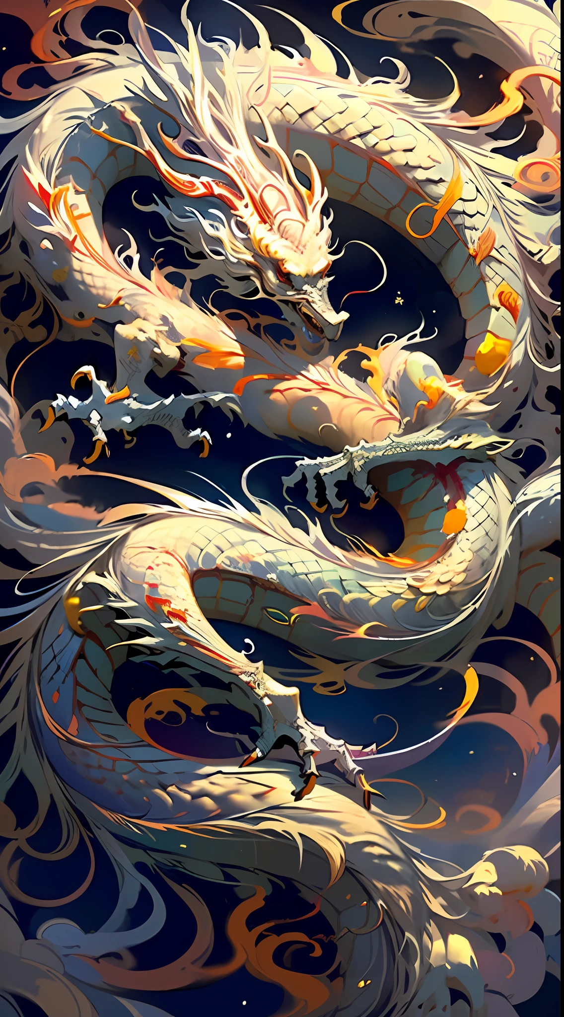 Official Art, Unified 8K Wallpapers, Ultra Detailed, Beautiful and Aesthetic, Masterpiece, Best Quality, (Zentangle, Tangle, Entangle), (fractal art: 1.4), (character center: 1.3), very detailed Chinese white dragon, golden and silver scales, dynamic angle, cowboyshot, (most beautiful form of chaos), ethereal, (bright colors), oc, (half: 1.2), china, (thangka flying sky: 1.5), (tape: 1.3), (dream: 1.5), (hanfu: 1.5), Chinese dragon, Chinese phoenix, (smile: 0.5), (Chinese deities), no humans,dragon by yang ji