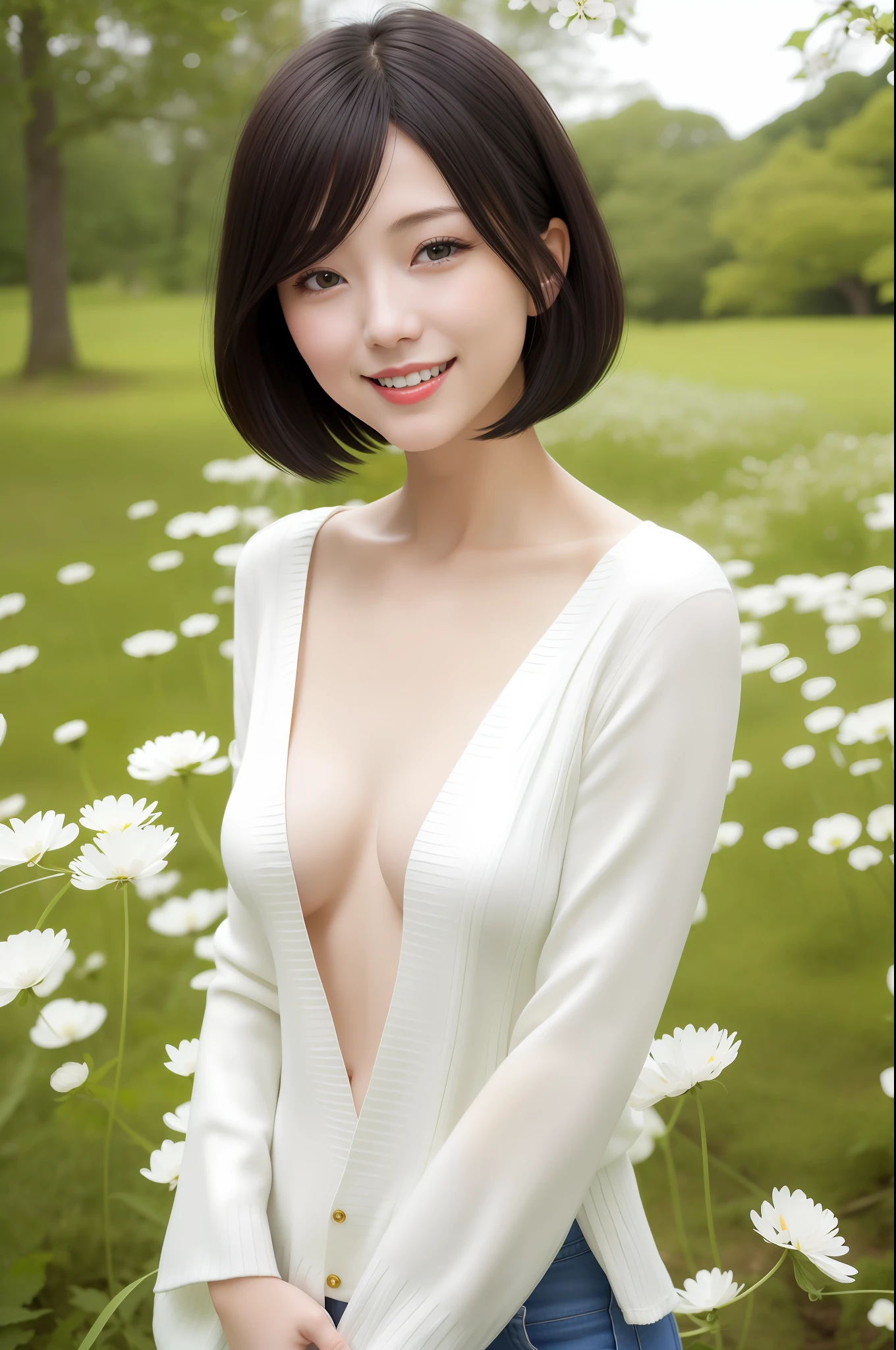 A japanese woman stands in a park where white clover blooms all around, a forest can be seen in the background, exquisite and beautiful face, exquisite collarbone, seductive and delicate collarbone, charming fragrant shoulders, shoulders slightly exposed, open-shoulder long sweater,sky blue sweater, pretty face, (peach Red lips:1.1), tender and smooth skin,(white skin:1.2),(black hair:1.1),(bob hair:1.2), short hair,(smile:1.2),smile with teeth, white teeth,very realistic details, ultra-high resolution,bokeh,outstanding details, full body