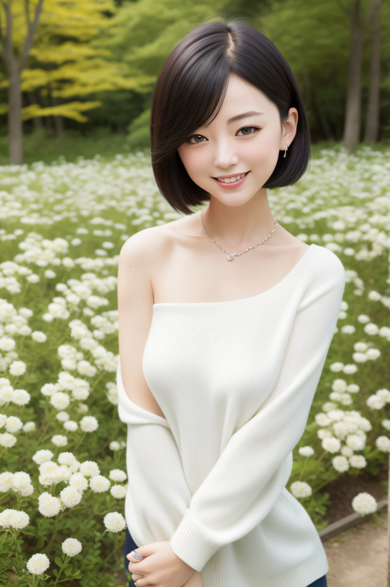 A japanese woman stands in a park where white clover blooms all around, a forest can be seen in the background, exquisite and beautiful face, exquisite collarbone, seductive and delicate collarbone, charming fragrant shoulders, shoulders slightly exposed, open-shoulder long sweater,sky blue sweater, pretty face, (peach Red lips:1.1), tender and smooth skin,(white skin:1.2),(black hair:1.1),(bob hair:1.2), short hair,(smile:1.2),smile with teeth, white teeth,very realistic details, ultra-high resolution,bokeh,outstanding details, full body
