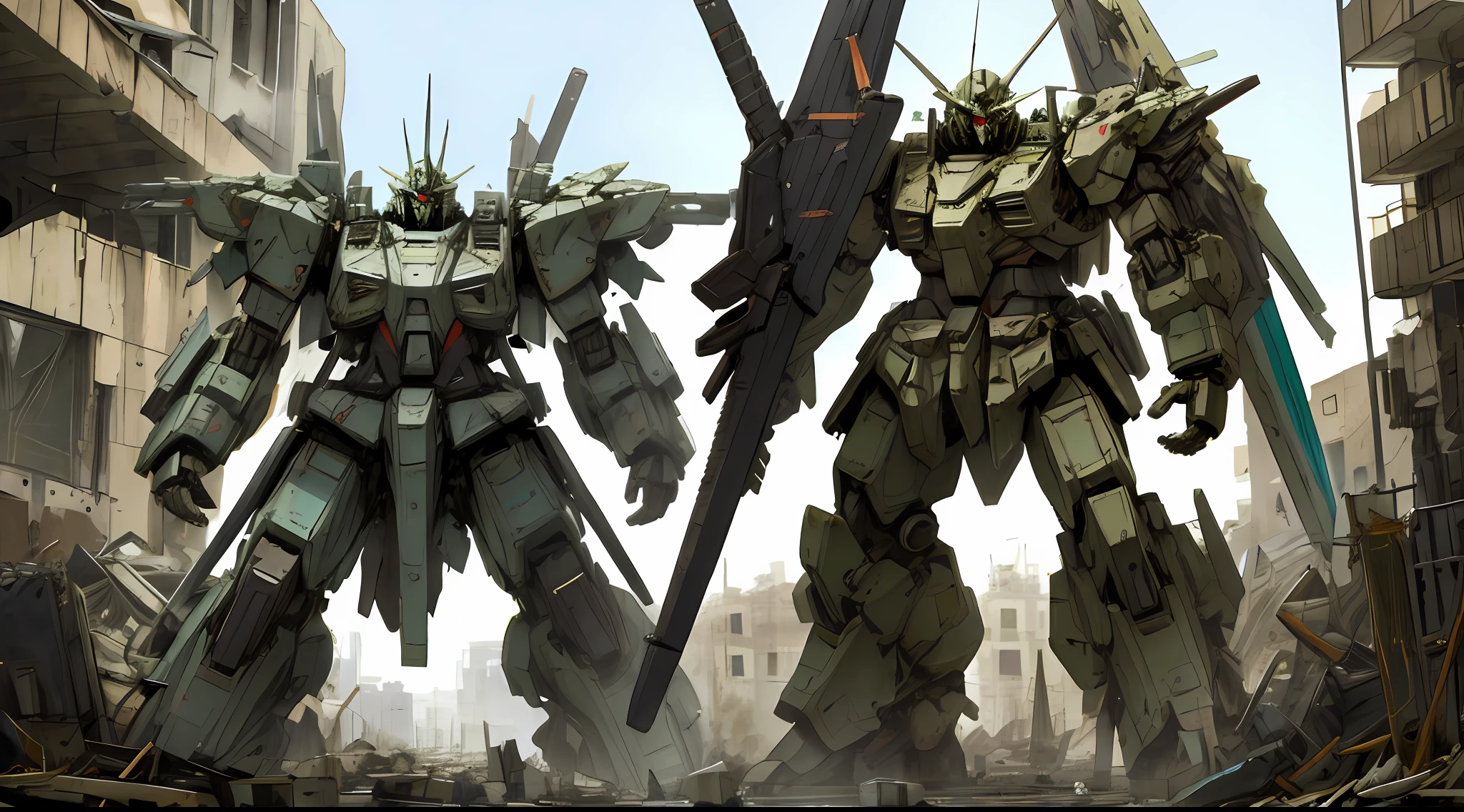 a colored giant robot mecha with a rifle and a shield in a destroyed city