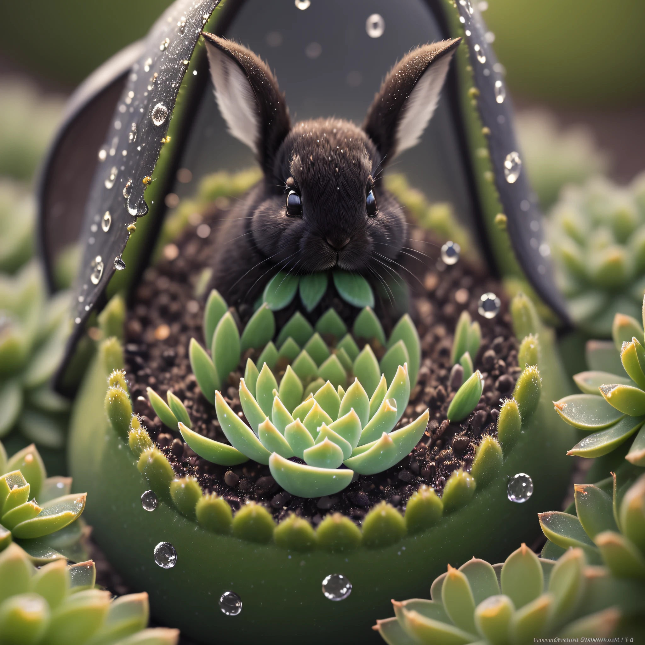 Black, chubby succulent, succulent garden inside, dewdrops, water drops, evening, close-up photo of a rabbit, super close-up, backlight, luminous, glow, furry, firefly, volumetric fog, halo, bloom, center, rule of thirds, 200mm 1.4f macro shot