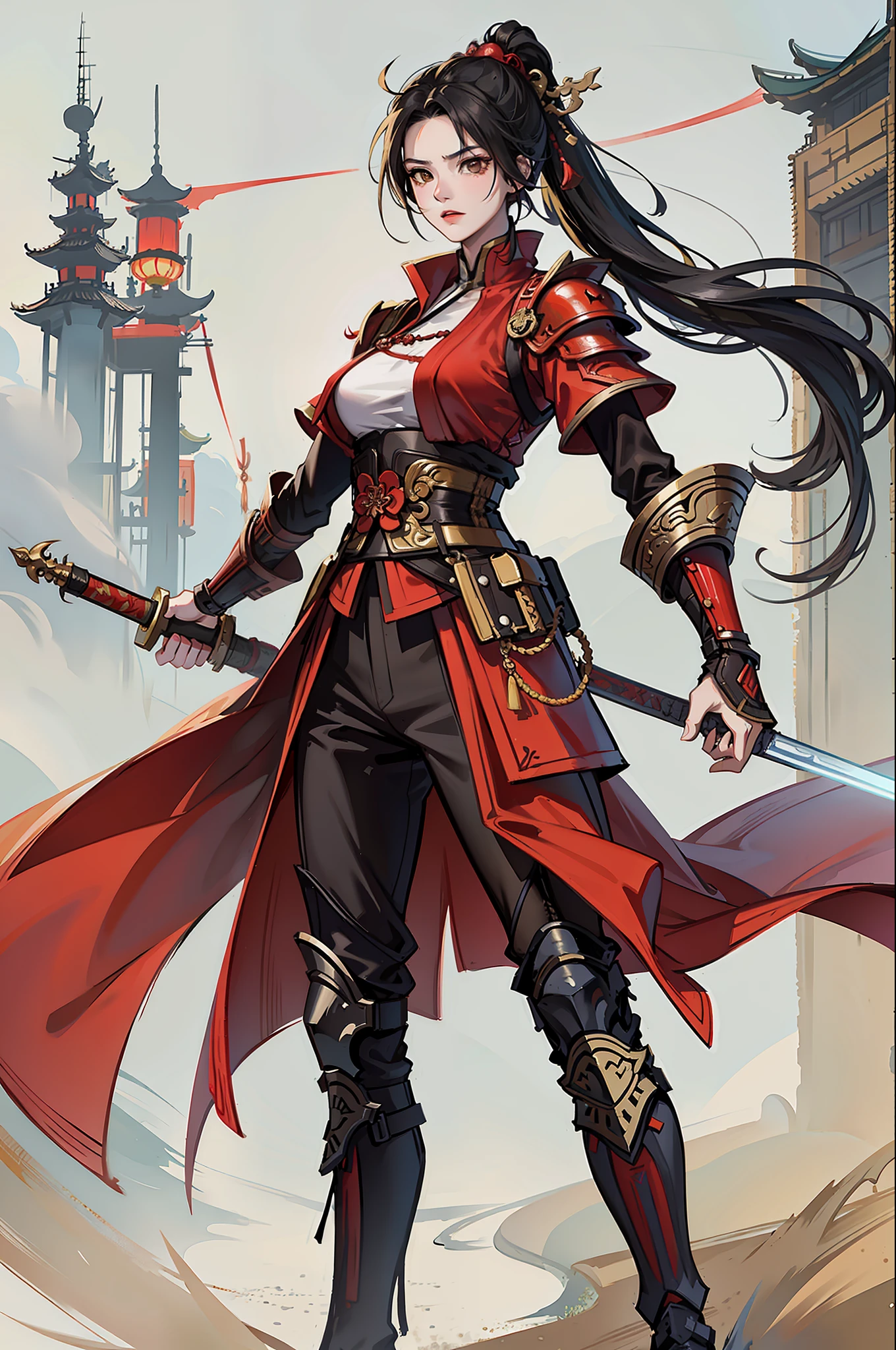 Chinese style, ancient battlefield, an ancient Chinese female general with a sword in her hand, grim expression, full body, amazing facial details, red robe, armor, boots, yellow sand in the sky, fleeing crowd, firelight, game model, stunning lighting, C4D, OC rendering, cinematic edge light, delicate light, masterpiece, super detailed, epic composition, super HD, high quality, highest quality, 32k
