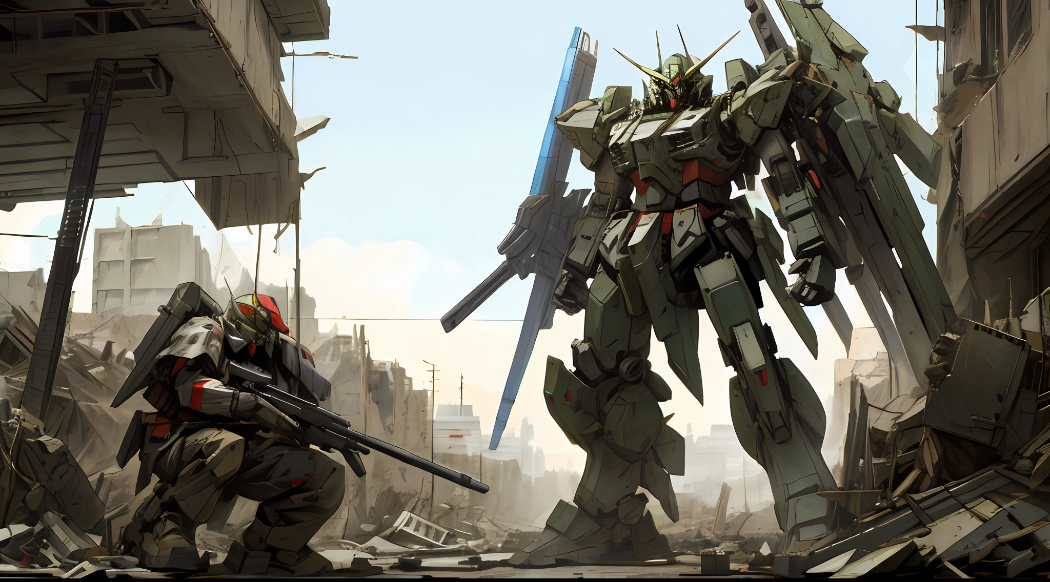 a colored giant robot mecha with a rifle and a shield in a destroyed city