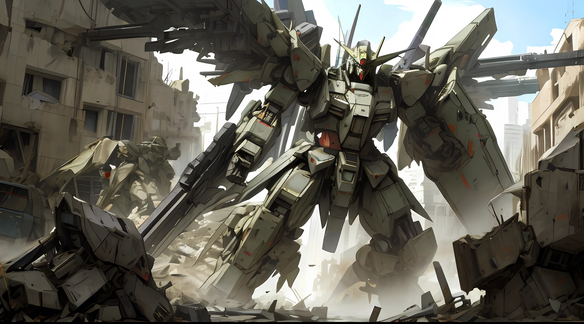 a colored giant robot mecha with a rifle and a shield in a destroyed city