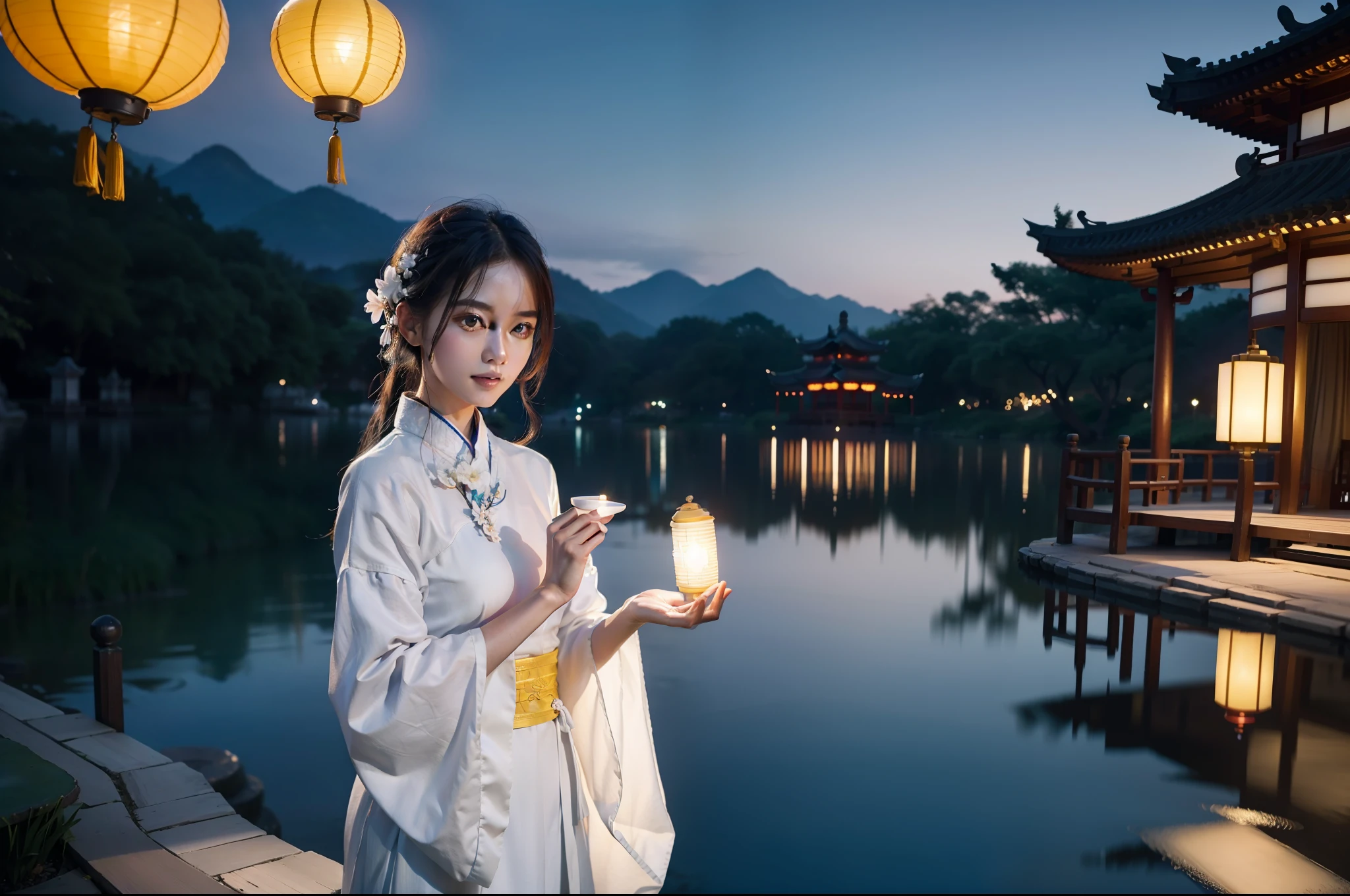 A gorgeous model dressed in white Hanfu and holding a small yellow lantern of delicate ancient China in both hands, next to the pavilion by the dreamy West Lake of Hangzhou, outdoors, deep blue sky in the early morning, night view, photography grade lighting, 4K, product shooting, realistic details, perfect photo, half body --ar 3:4 --q 2 --v 5 --s 750