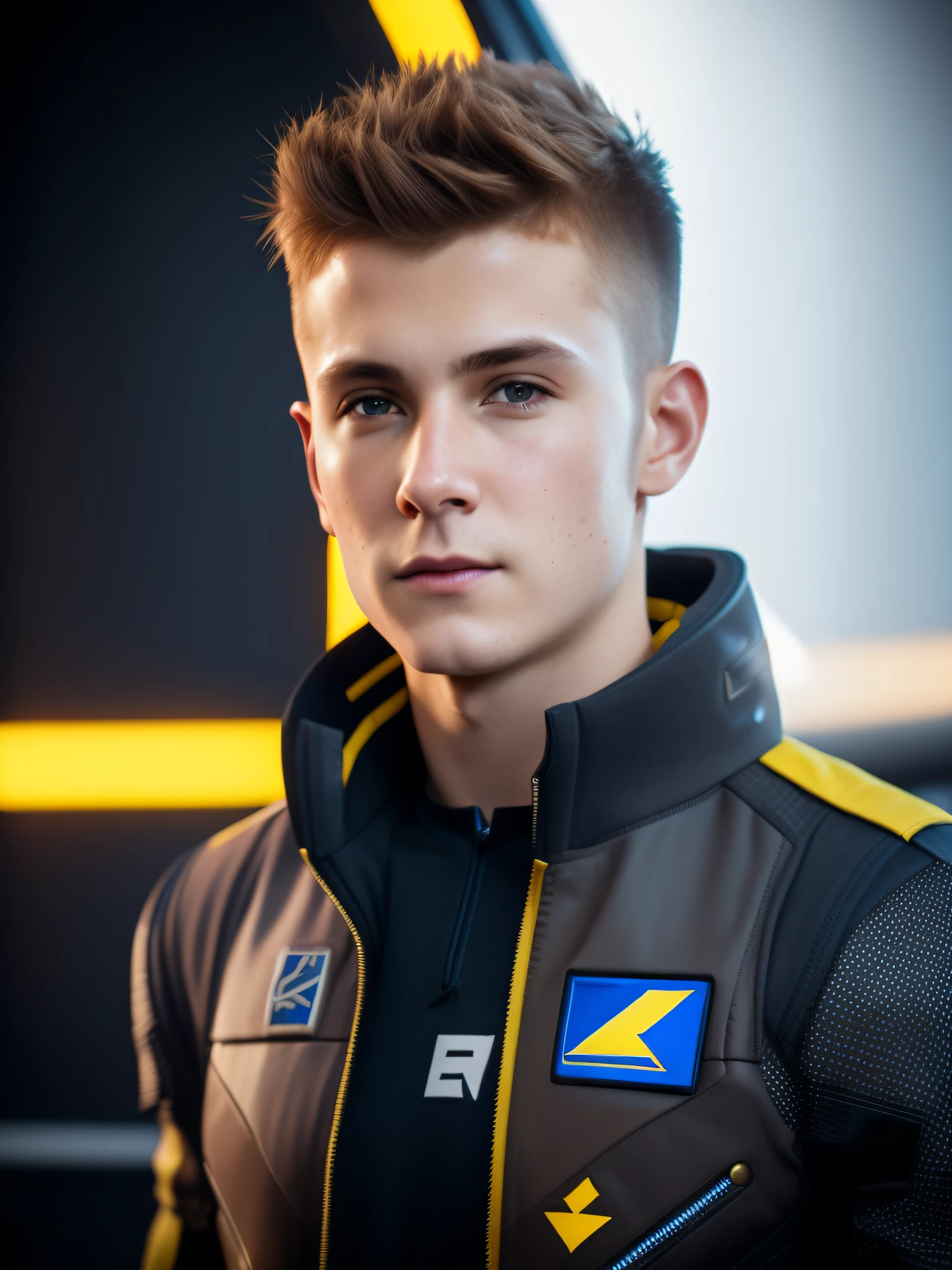 fking_scifi, award-winning photo of young twink, black flight trunks with yellow accents, brown hair (gray eyes: 1.35), square jawline, asymmetrical face, standing in front of a window on a spaceship, 80mm, bokeh, mass effect, close-up, fking_cinema_v2