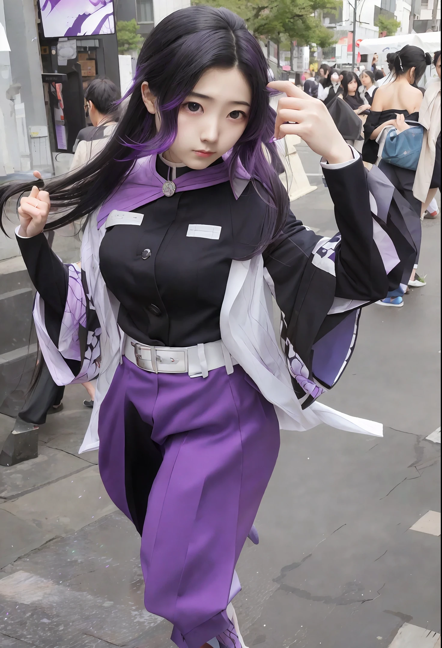 black hair, long hair, purple suit, hanging eyes, Japan, tsundere, entj, sister, reality, photo, pointing here