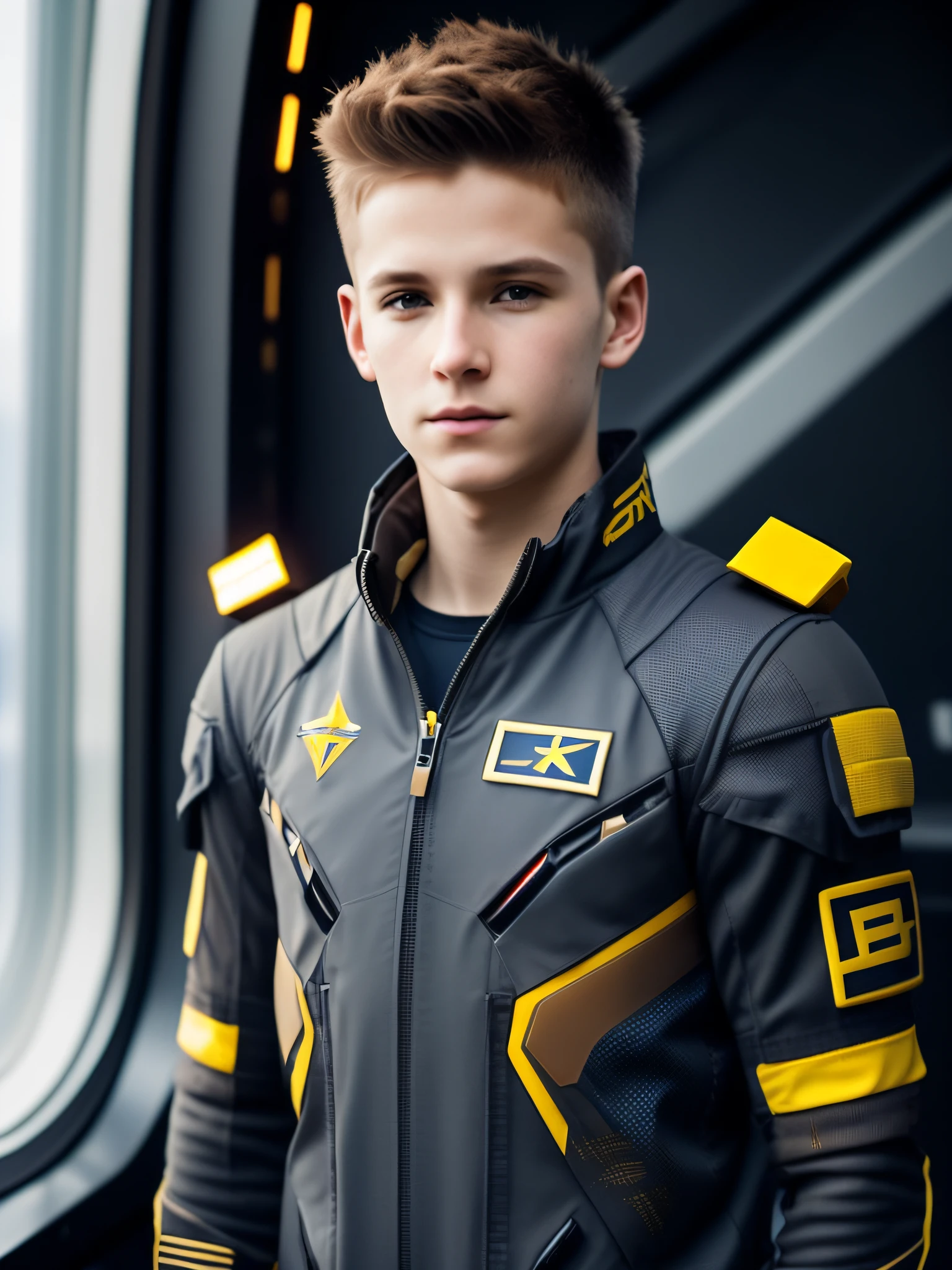 fking_scifi, award-winning photo of young twink, black flight trunks with yellow accents, brown hair (gray eyes: 1.35), square jawline, asymmetrical face, standing in front of a window on a spaceship, 80mm, bokeh, mass effect, close-up, fking_cinema_v2