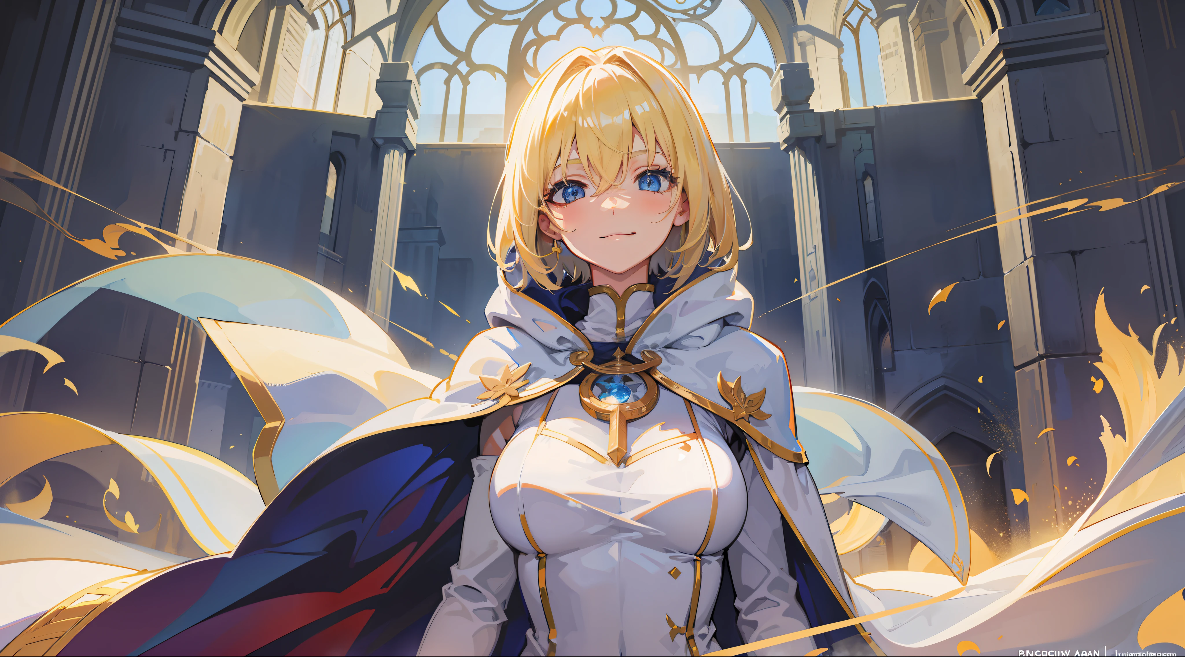 a girl, cleric, blonde, short hair, bright blue eyes, beautiful breasts, hair between eyes, bangs, full body, confident, heroic posture, smiling, looking at camera, white robe, cape, hood lowered, fantasy, medieval, rays of sun, magic of light