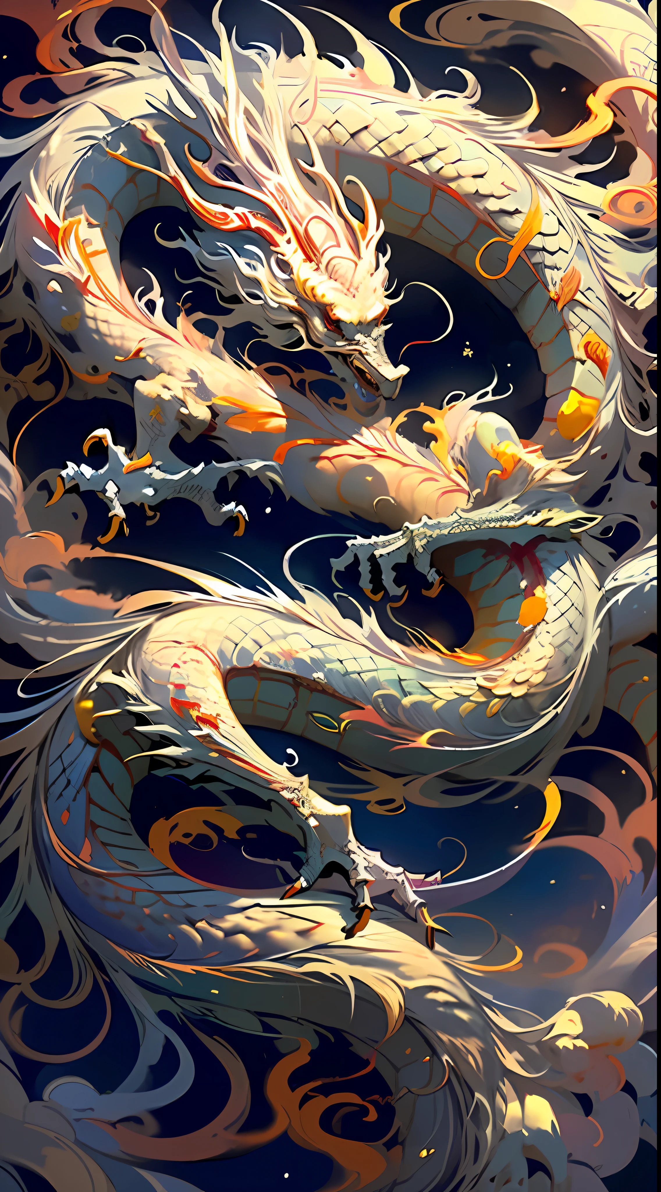 Official Art, Unified 8K Wallpapers, Ultra Detailed, Beautiful and Aesthetic, Masterpiece, Best Quality, (Zentangle, Tangle, Entangle), (fractal art: 1.4), (character center: 1.3), very detailed Chinese white dragon, golden and silver scales, dynamic angle, cowboyshot, (most beautiful form of chaos), ethereal, (bright colors), oc, (half: 1.2), china, (thangka flying sky: 1.5), (tape: 1.3), (dream: 1.5), (hanfu: 1.5), Chinese dragon, Chinese phoenix, (smile: 0.5), (Chinese deities), no humans,dragon by yang ji