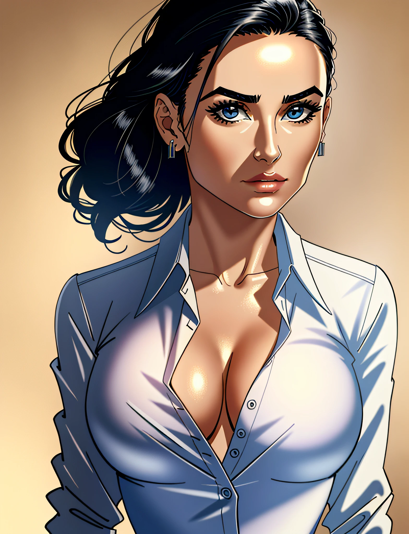 m portrait of a Demi Moore, stiff jacket, (unbuttoned shirt:1.2), little cleavage, detailed office background face, cinematic, insane details, intricate details, hyperdetailed, closeup, bright face,