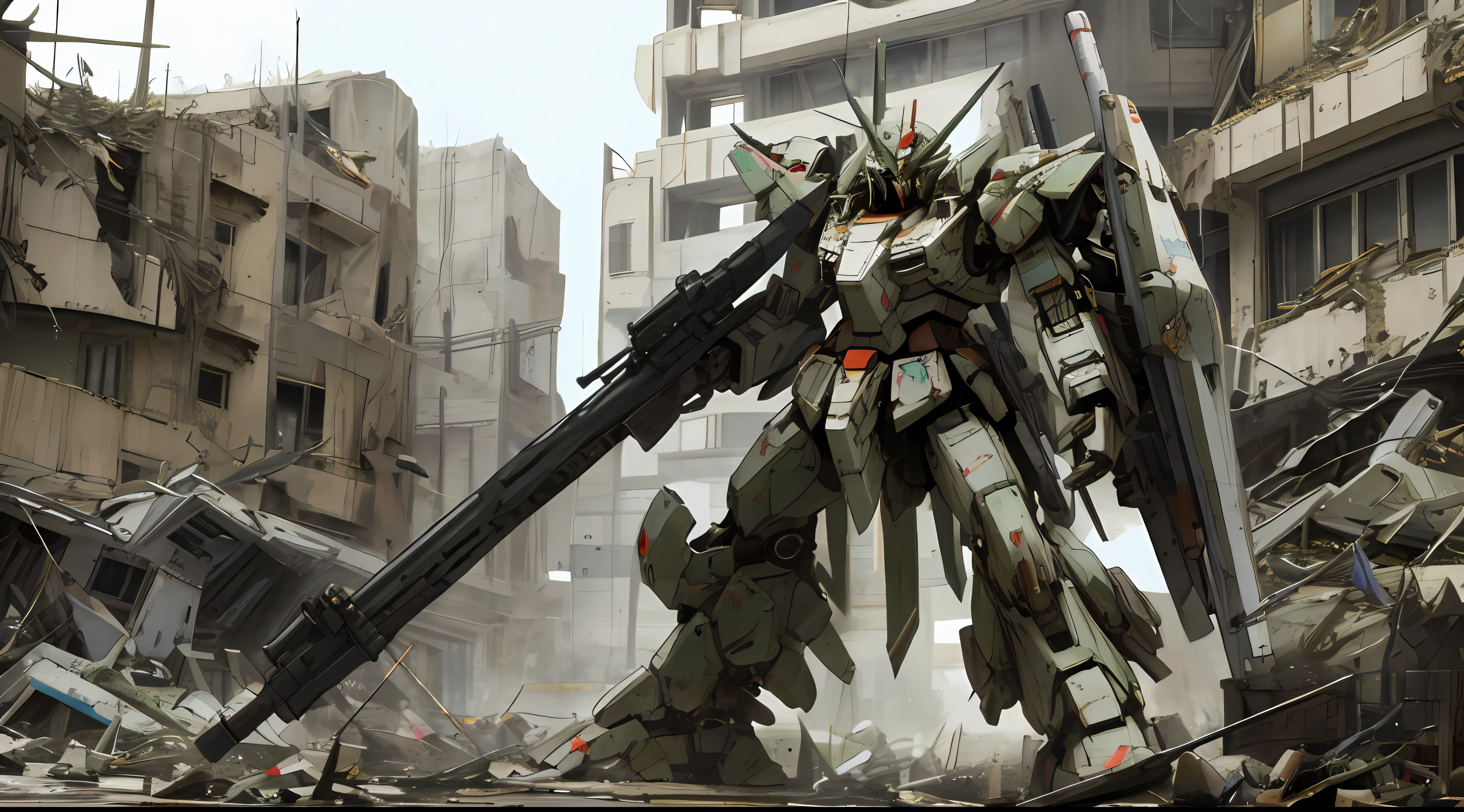 a colored giant robot mecha with a rifle and a shield in a destroyed city