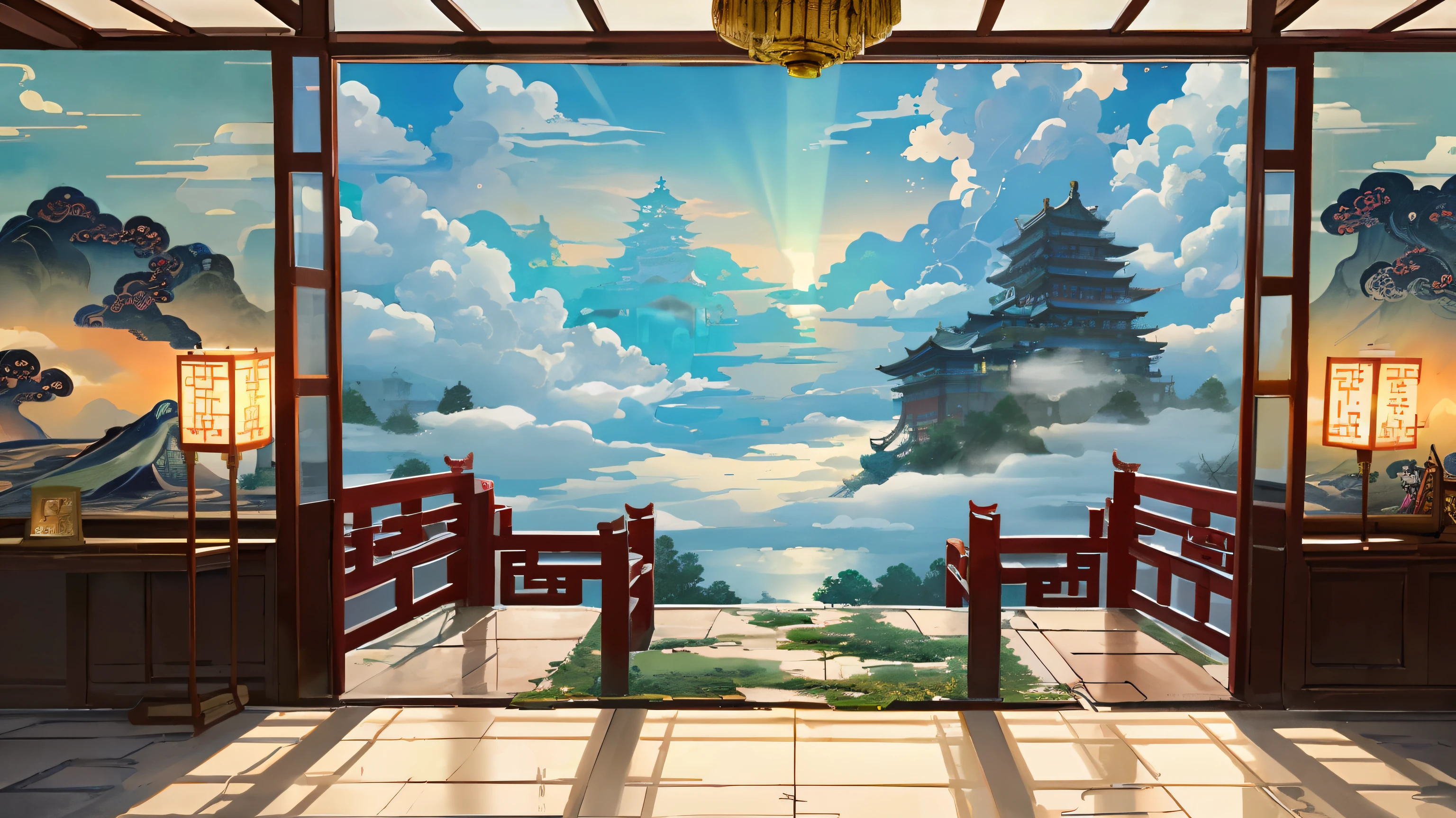 The game scene, the ancient Chinese palace is located above the clouds, surrounded by clouds and mist, majestic, glazed tiles, Buddha statues, colorful rays of light, ((color ink)),((splash ink)),((splash ink}) ), masterpiece, high quality, exquisite graphics, high detail, realistic lighting, masterpieces,