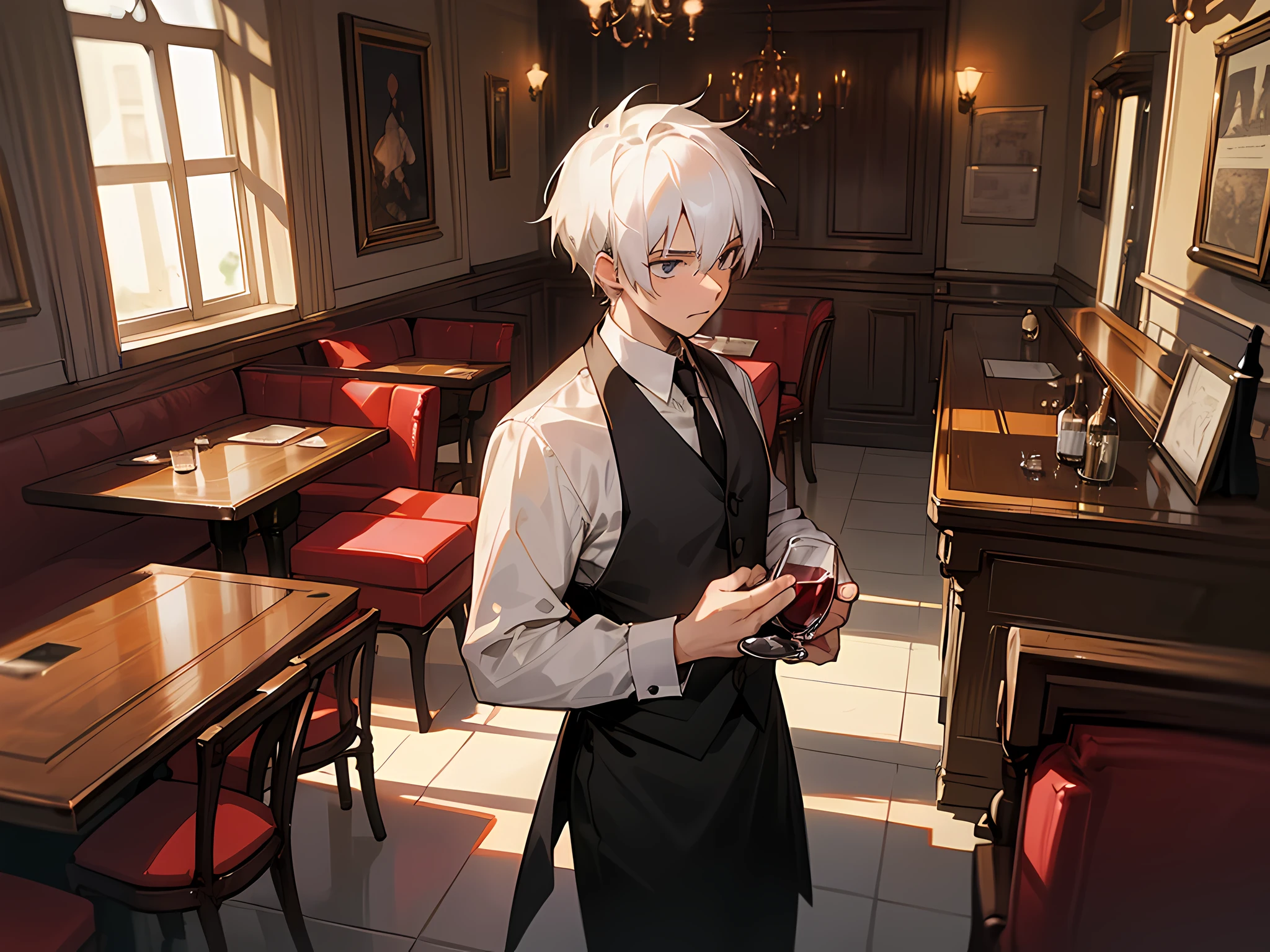 A man waiter, short white hair, holding red wine in his hand, with a frightened expression, inside the bar, tables, chairs