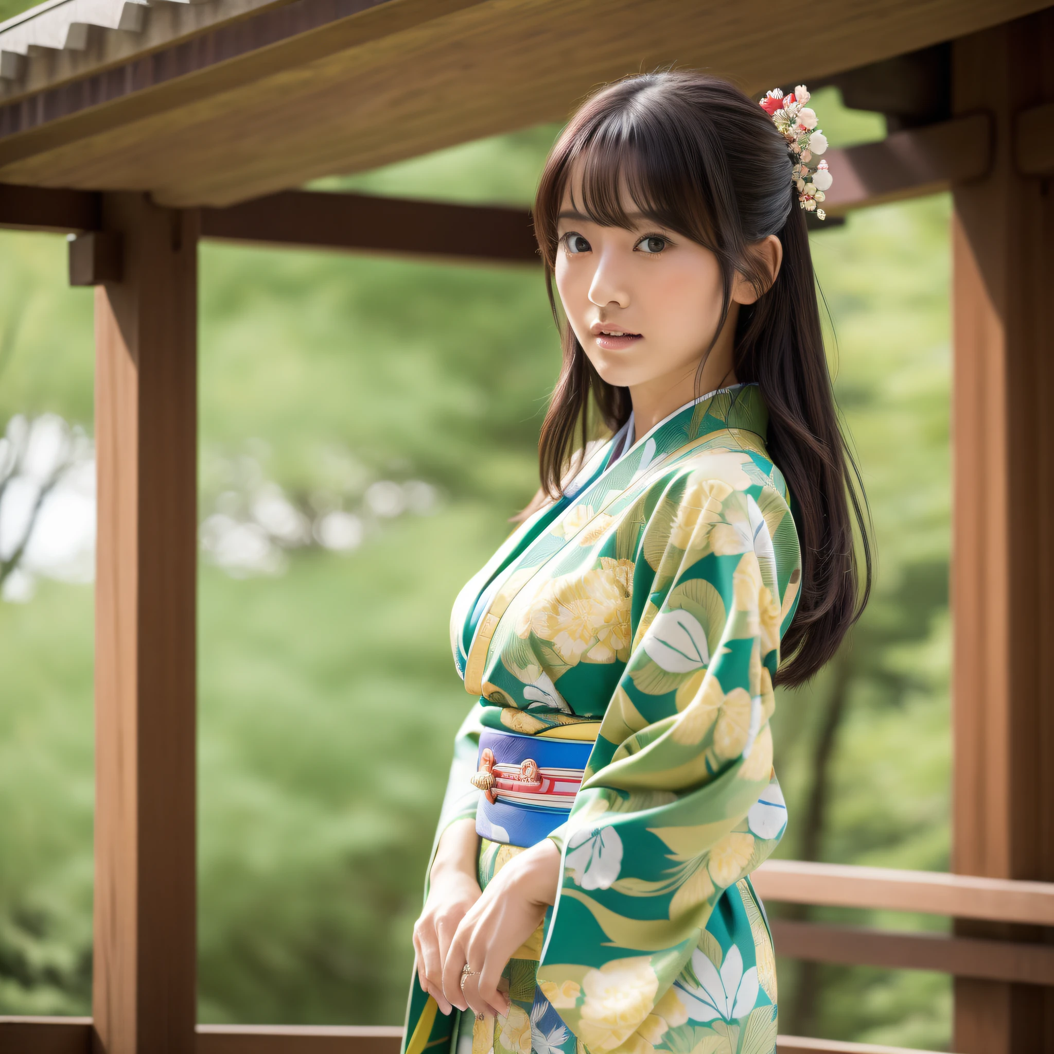 ((Best Quality, 8K, Masterpiece: 1.3)), Sharp Focus: 1.2, (Super Beautiful Face: 1.0), (Slender Abs Beauty: 1.0), (Shiny Skin: 1.0), Realistic Photography, Black Hair, Realistic Pupils, Video Lighting, High Definition Eyes and Face, Video Lighting, (Cowboy Shot: 1.3), Kimono, Hakama, Obi, (Japan Cute Actress), In Nature, Traditional Kimono, Super Big, Fluttering, Spread your valleys and legs