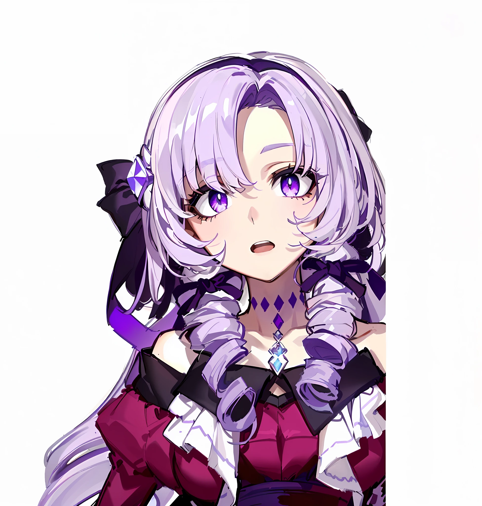 (Masterpiece, Top Quality, Best Quality, Watercolor (Medium), Official Art, Beautiful and Aesthetic: 1.2), (1 Girl: 1.3), (Fractal Art: 1.3), Upper Body, From the Side, Looking Right, Wide Open Eyes, Pupil Open Eyes, Open Mouth, Drill Hair, Purple Ribbon, Purple Eyes, Lilac Hair, Off Shoulder, Diamond in Eyes