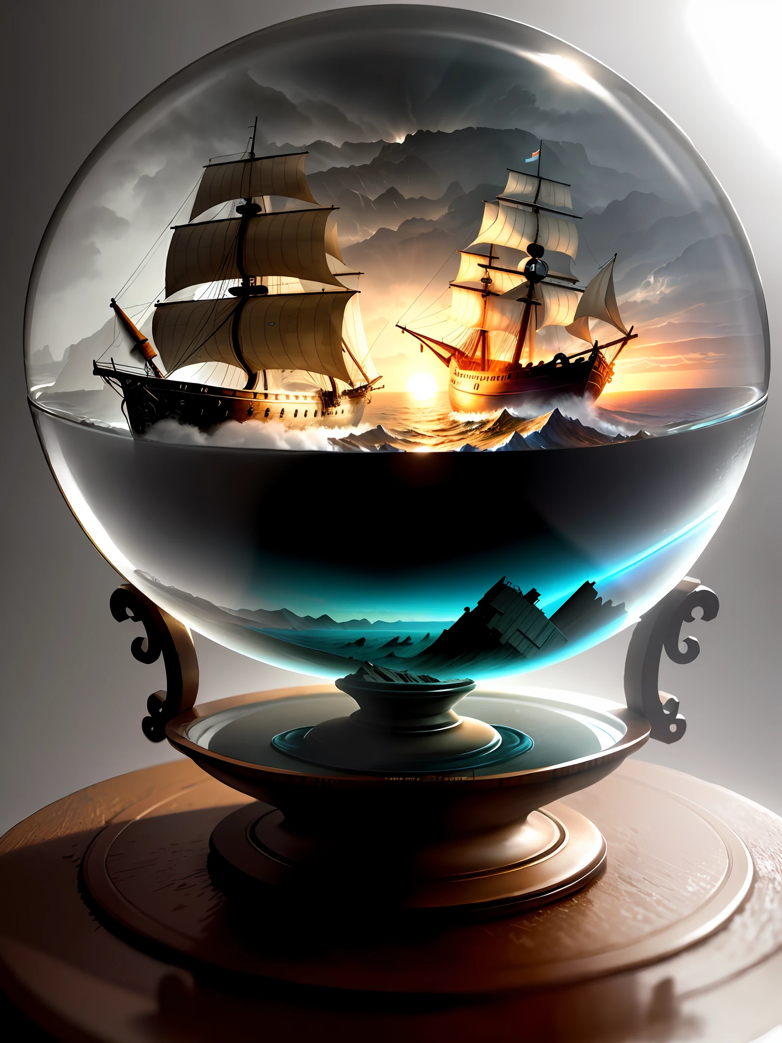 Ultra-realistic, 16K high resolution, (Max Sharp Focus: 1.3), (Max Close-up: 0.5), (Shipwreck at the mercy of a storm trapped in a pedestal crystal ball: 1.7), (Fantastic Fog: 1.3)