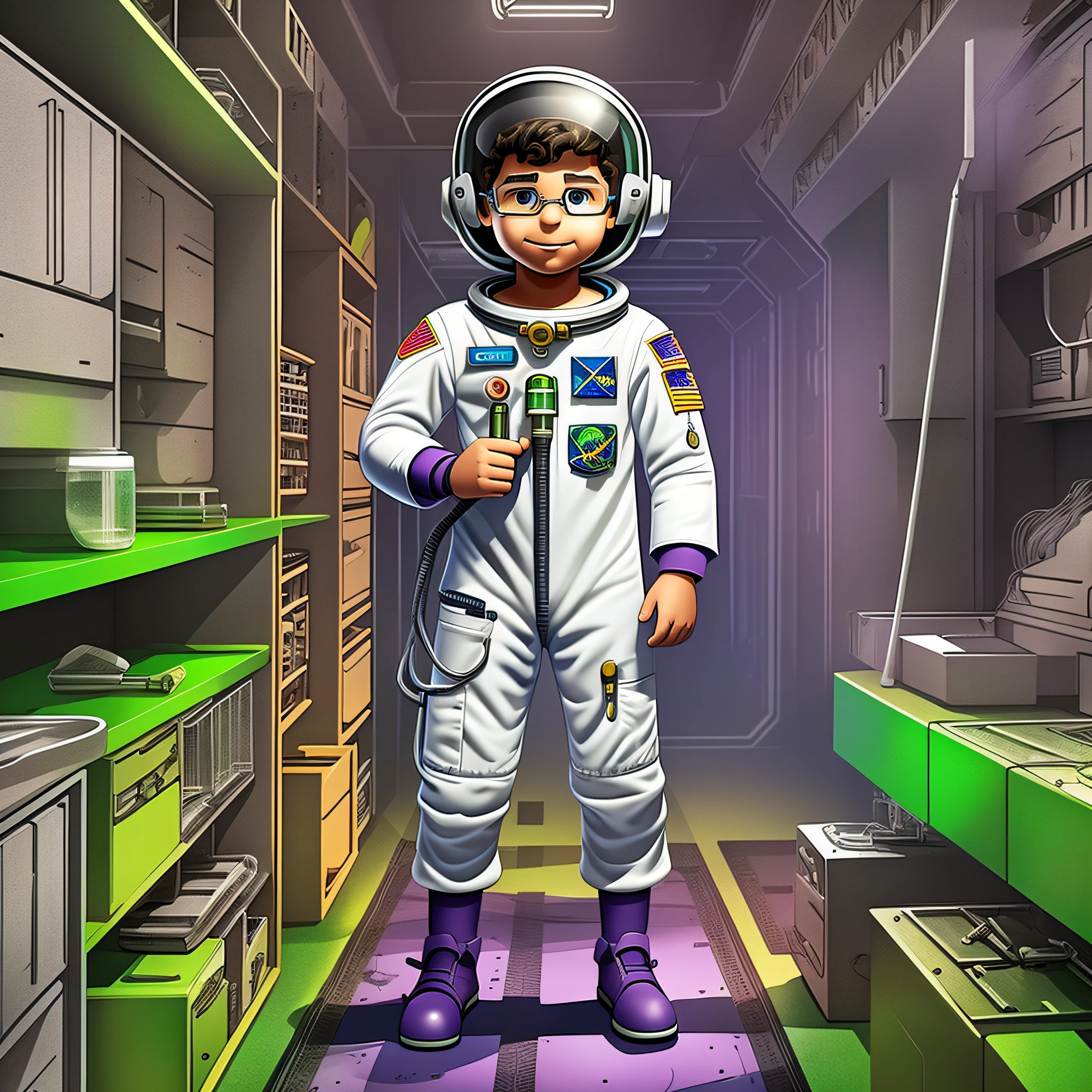 scientist, Brazilian, with astronaut helmet under arm, full body, with test tubes, purple and green background, cartoon style, scott young style, cartoon style, not nsfw --auto --s2