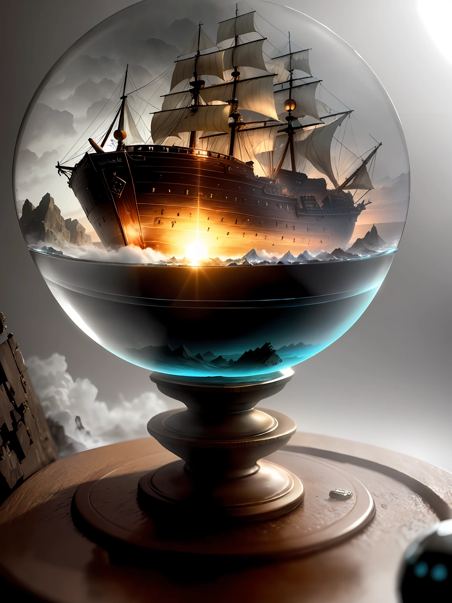 Ultra-realistic, 16K high resolution, (maximum sharp focus: 1.3), (maximum close-up: 0.5), (shipwreck at the mercy of a storm trapped in a pedestal crystal ball: 1.7), (fantastic fog, light penetrating: 1.3)