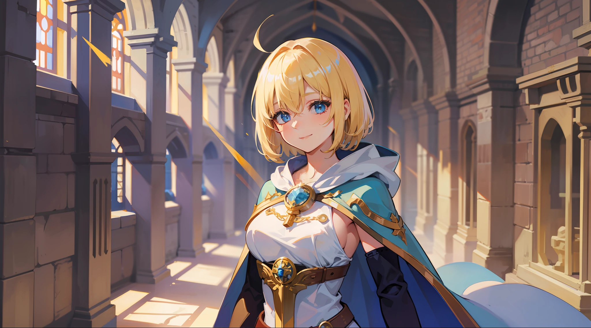 a girl, cleric, blonde, short hair, lock between ears, bright blue eyes, beautiful breasts, hair between eyes, bangs, full body, confident, heroic posture, smiling, looking at camera, white and blue robe, cape, hood lowered, fantasy, medieval, rays of sun, magic of yellow light