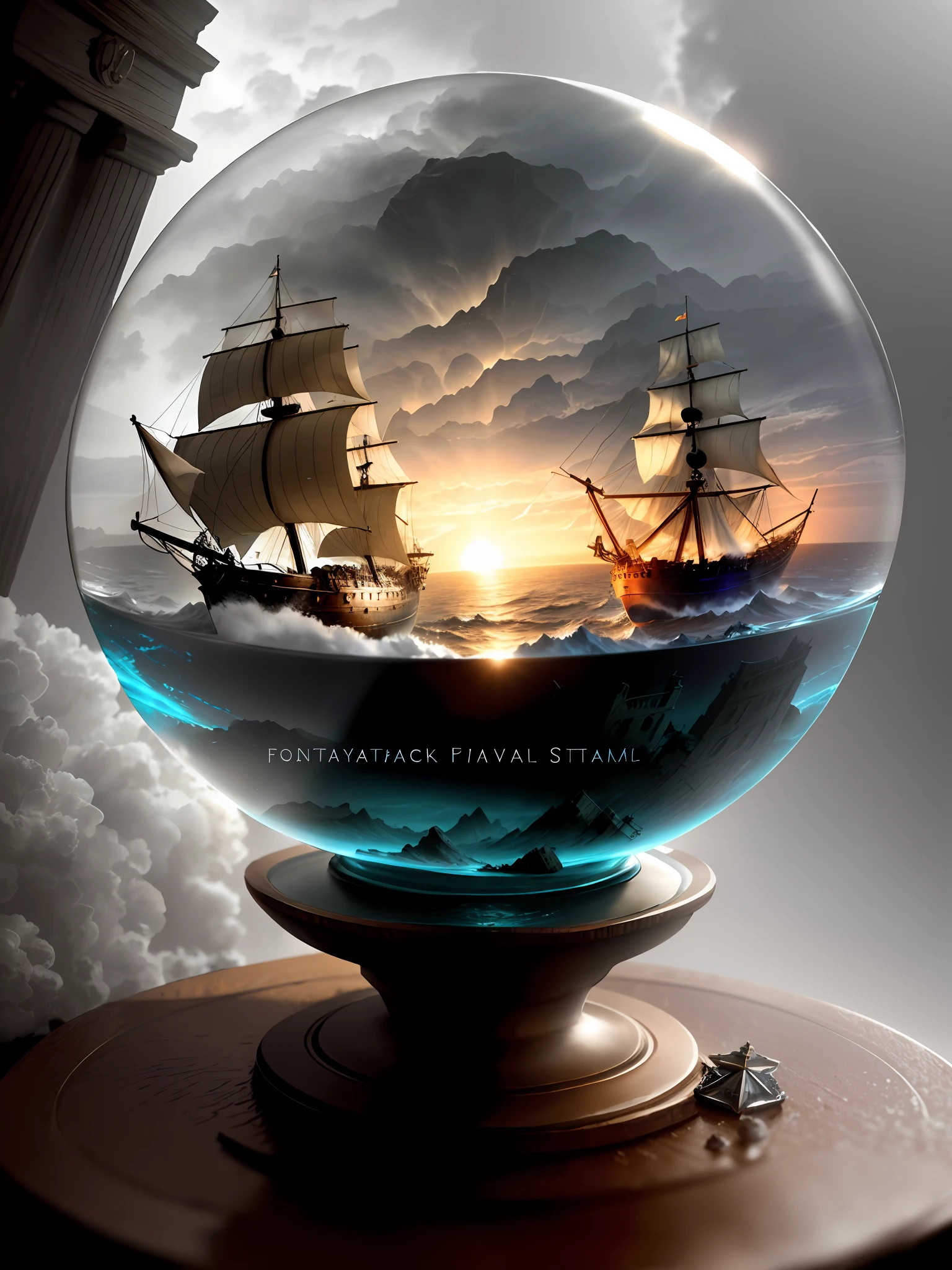 Ultra-realistic, 16K high resolution, (maximum sharp focus: 1.3), (maximum close-up: 0.5), (shipwreck at the mercy of a storm trapped in a pedestal crystal ball: 1.7), (fantastic fog, light penetrating: 1.3)