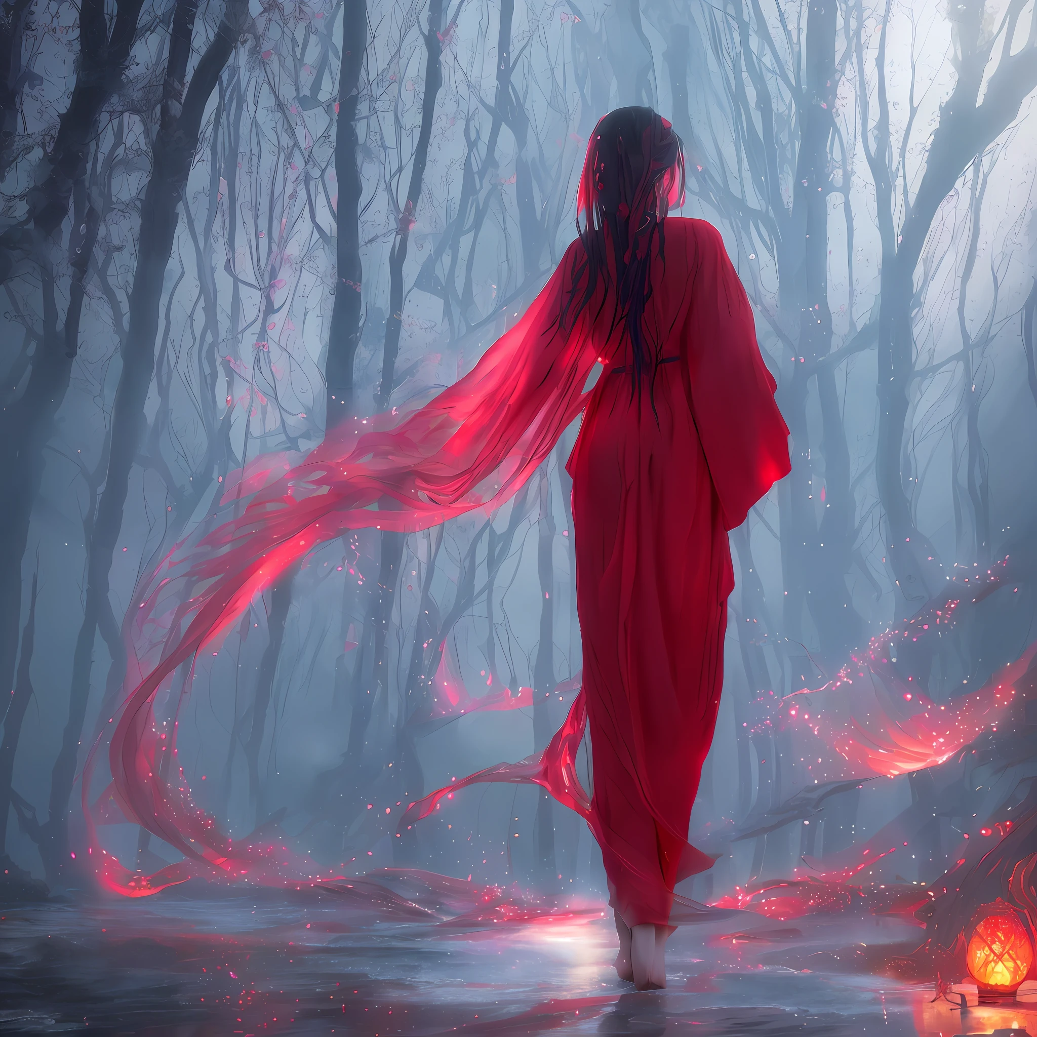 Anime characters, top manga master works, full body back pose, manga artwork, art of the body, a woman in a red robe, very ethereal, an ethereal stillness, incredibly ethereal, "ethereal, dreamy hazy, back view, ethereal and dreamy, fantastic medium portrait top light, eerie, soft ethereal light, dreamy and ethereal, ethereal, 8k wallpaper."