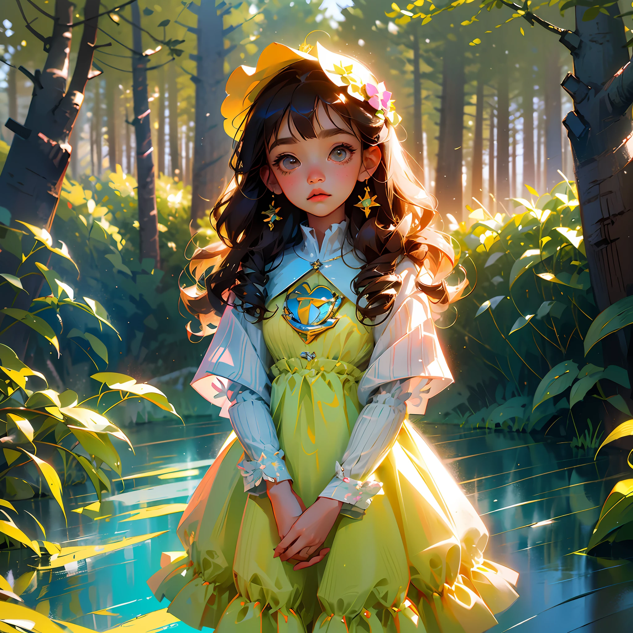 Create image of a little girl of 6 years old, with her hands in the dress, with light brown hair, chanel cut with bangs, wavy hair, brown eyes, simple plaid vede, playful style, disney style, children's stories style, background a beautiful forest with bird background, 88k 2d --V- --auto --s2