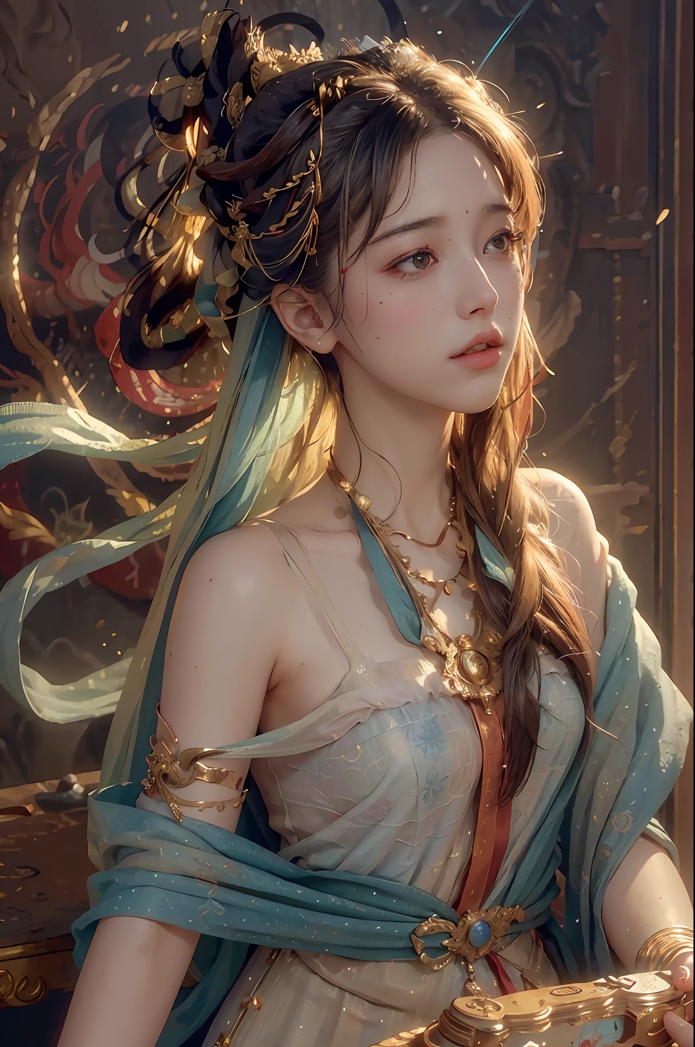 (RAW photo, best quality), (realistic, photo-realistic:1.3),best quality,highly detailed,masterpiece,ultra-detailed,illustration,1girl,upper_body,dynamic angle,world masterpiece theater,messy_long_hair,best quality,extremely detailed CG unity 8k wallpaper,ink,Amazing,cinematic lighting,lens_flare,,dunhuang_style