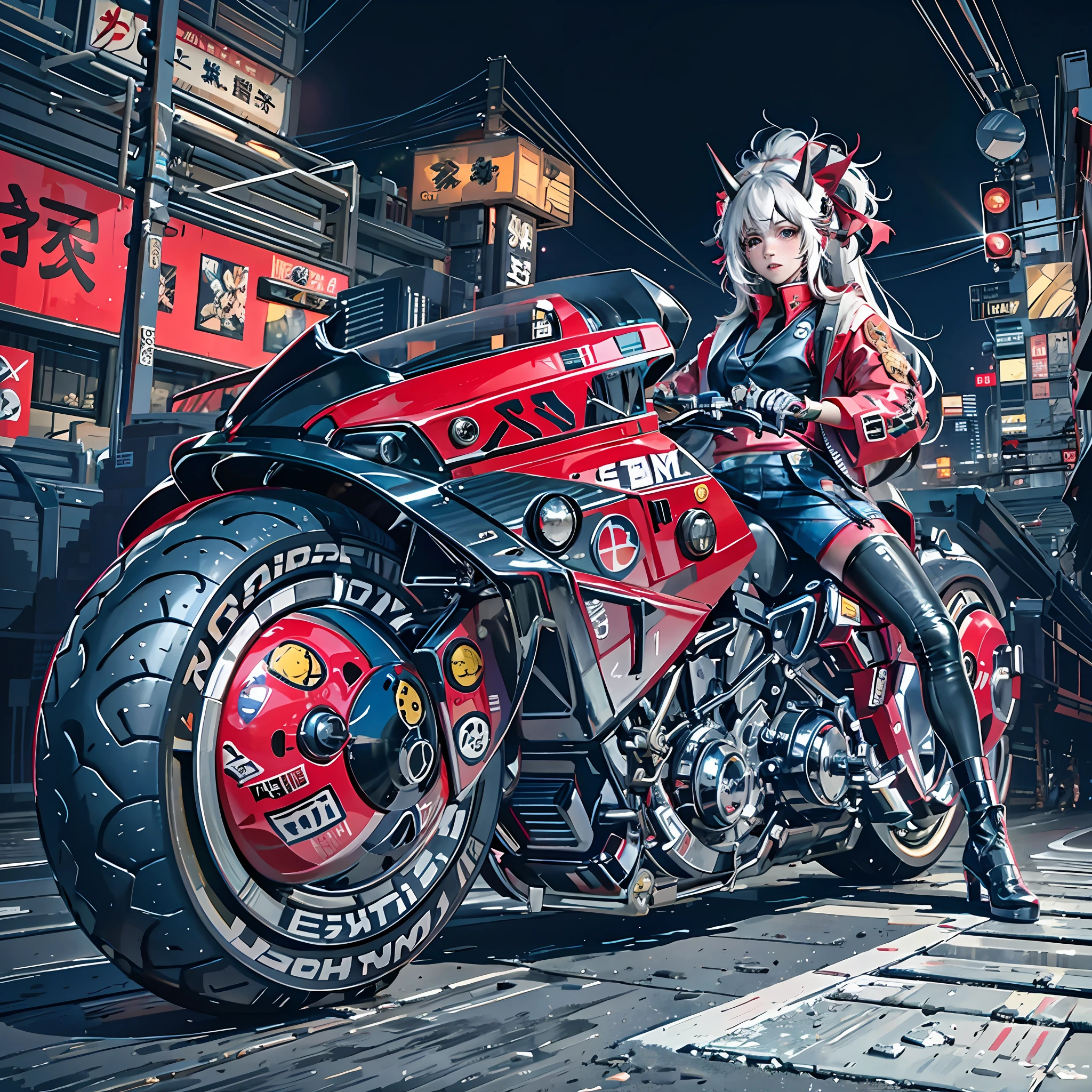 official art, unity 8k wallpaper, ultra detailed, beautiful and aesthetic, masterpiece, best quality, realistic, horns, blush, long hair, white hair, streaked hair, red eyes, hair bow, mole under eye, red akirabike, riding bike, night, cyberpunk city view, epic screen, school uniform,
