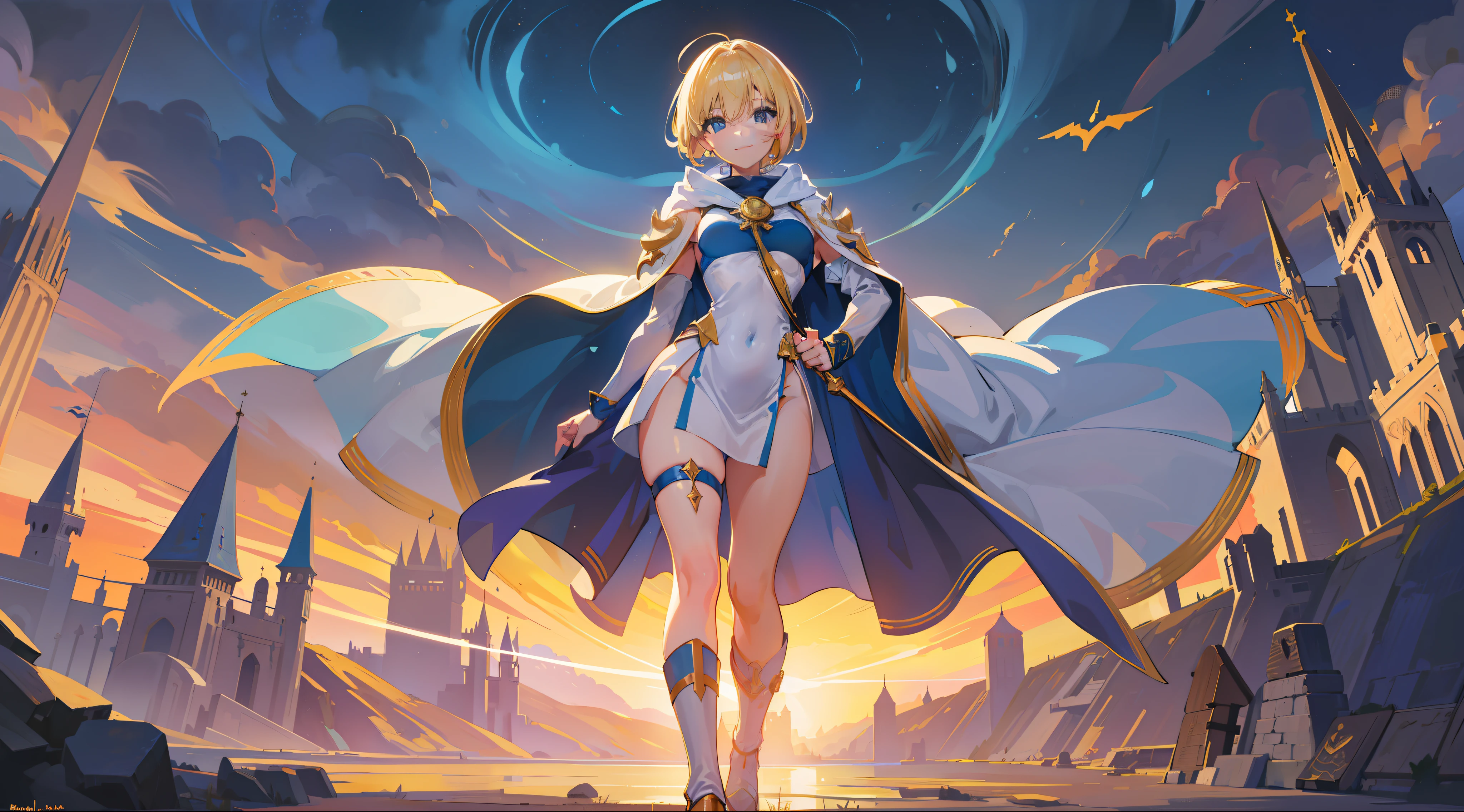 a girl, cleric, blonde, short hair, lock between ears, bright blue eyes, beautiful breasts, hair between eyes, bangs, full body, confident, heroic posture, smiling, looking at camera, white and blue robe, cape, hood lowered, fantasy, medieval, rays of sun, magic of yellow light