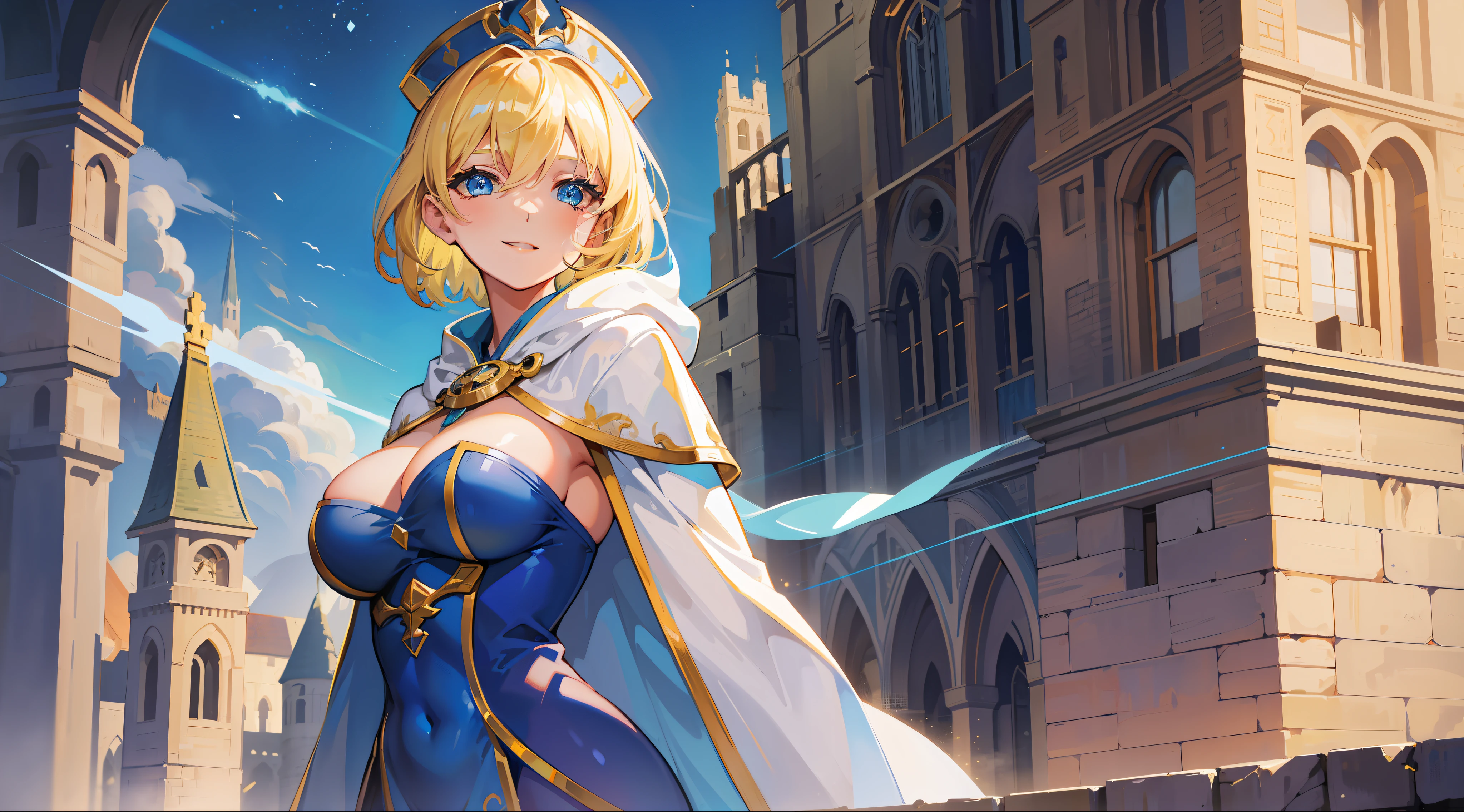 a girl, cleric, blonde, short hair, lock between ears, bright blue eyes, beautiful breasts, hair between eyes, bangs, full body, confident, heroic posture, smiling, looking at camera, white and blue robe, cape, hood lowered, fantasy, medieval, rays of sun, magic of yellow light