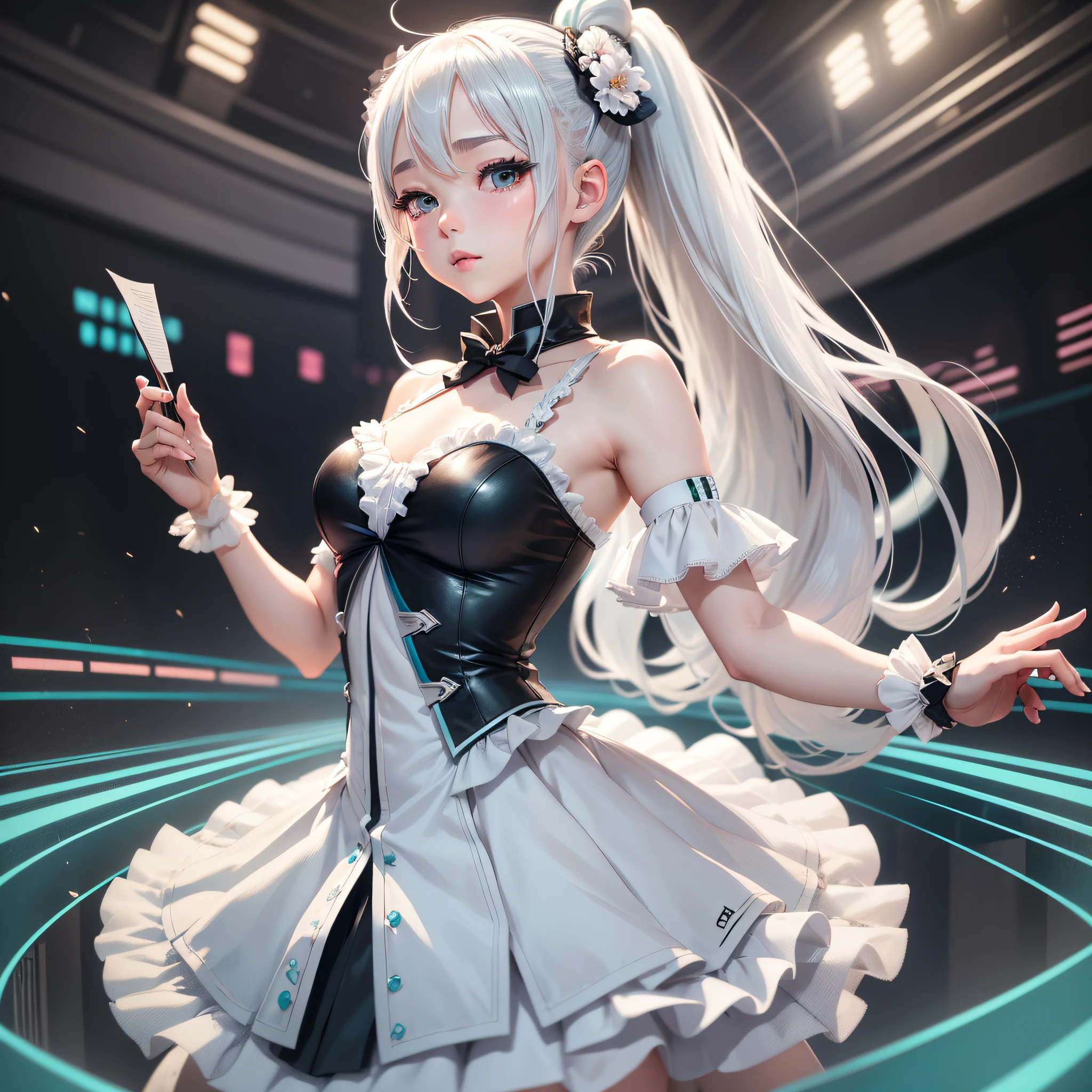 (better quality,ultra-detailed,Realistic:1.37)、Sorcière attaquante avec la magie du givre、Une femme de 38 ans、(piercing eyes:1.5)、look agressif、elegant outfit、electric arcs dance around&#39;elle、hold a large magic scepter enchanted with frost magic,outside, battle scene against monsters, corps entier,pas de robe; lingerie couleur vive, elaborate lingerie, gros seins,