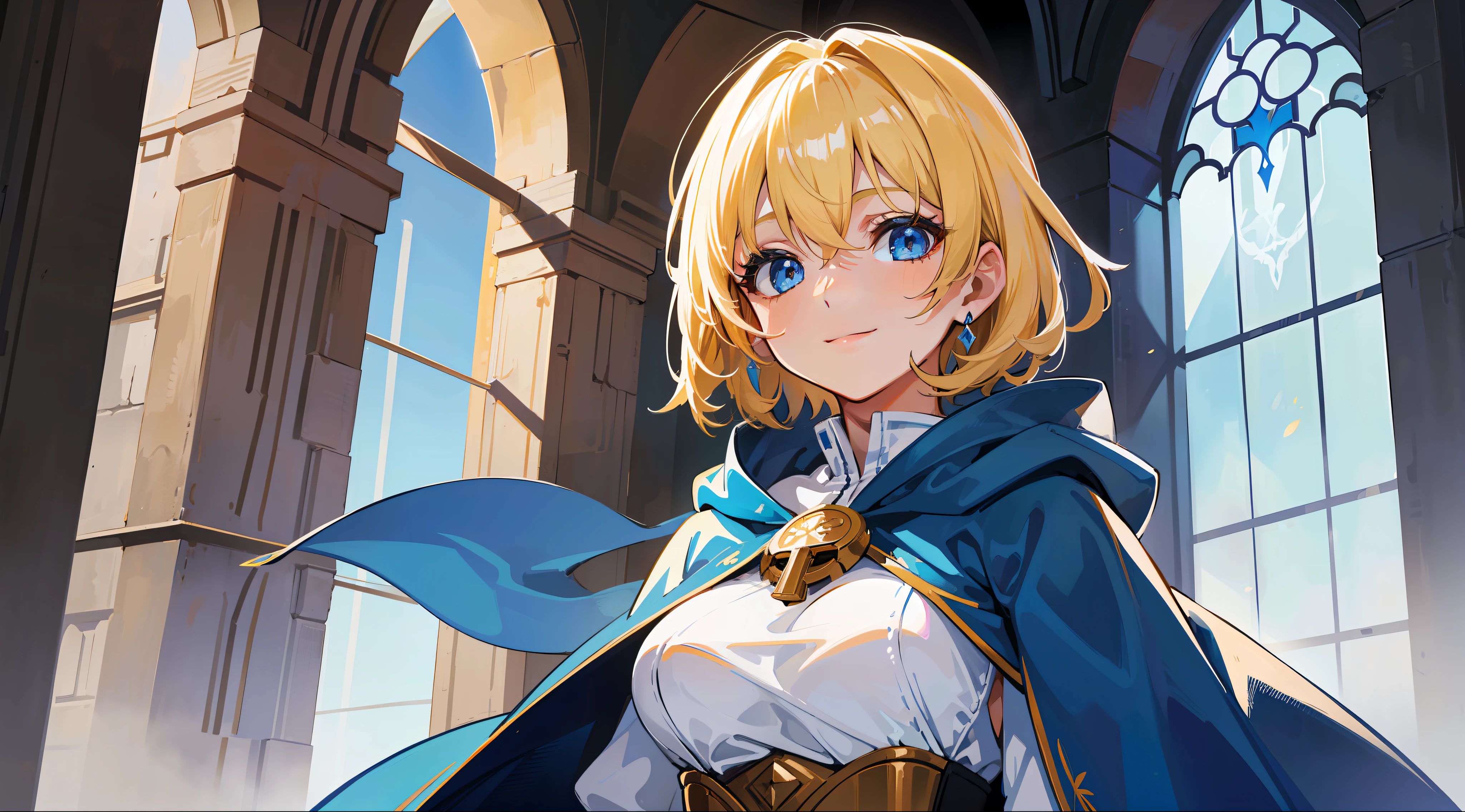 a girl, cleric, blonde, short hair, lock between ears, bright blue eyes, beautiful breasts, hair between eyes, bangs, full body, confident, heroic posture, smiling, looking at camera, white and blue robe, cape, hood lowered, fantasy, medieval, rays of sun, magic of yellow light