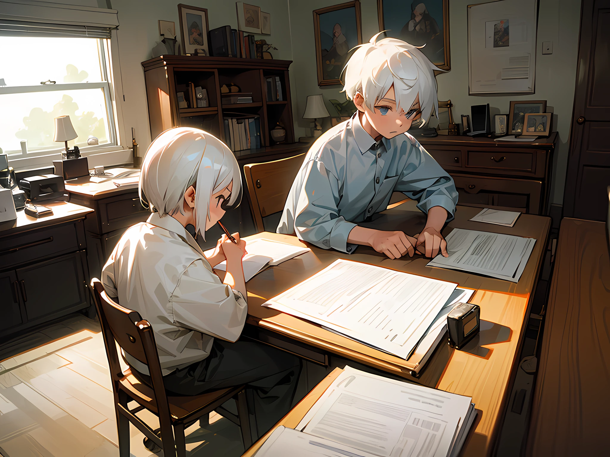 A white-haired man and a small child playing at home, desk,