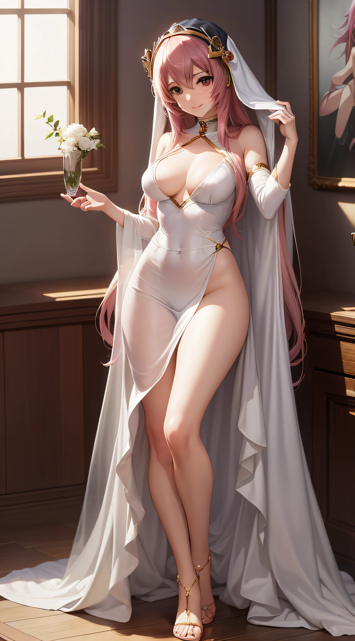 Seductive anime girl, (Megurine Luka), beautiful style, artgerm style, beautiful charming anime woman, portrait of Megurine Luca, (naked), full body, ((white silk lingery)), smiling, in bedroom, midnight,