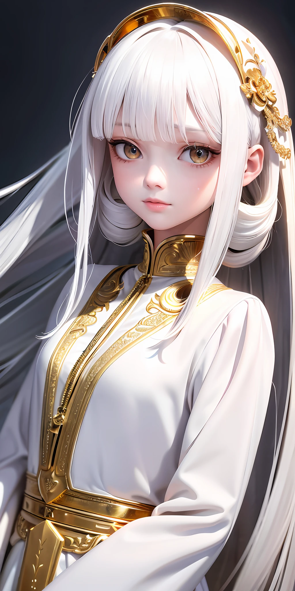 best quality, masterpiece,white hair, gold eyes,white clothes, looking up, upper body,hair strand,Fair skin,side braids
