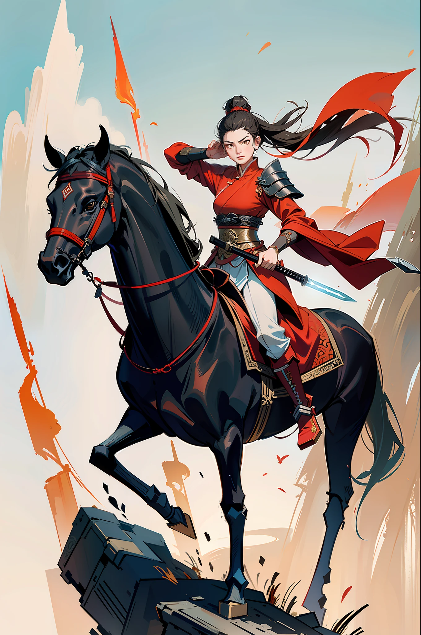 Chinese style, ancient battlefield, an ancient Chinese female general, holding a sword in her hand, grim expression, full body, amazing facial features, red robe, armor, boots, yellow sand in the sky, fleeing crowd, firelight, game model, stunning lighting, C4D, OC rendering, cinematic edge light, delicate light, masterpiece, super detailed, epic composition, super HD, high quality, highest quality, 32k