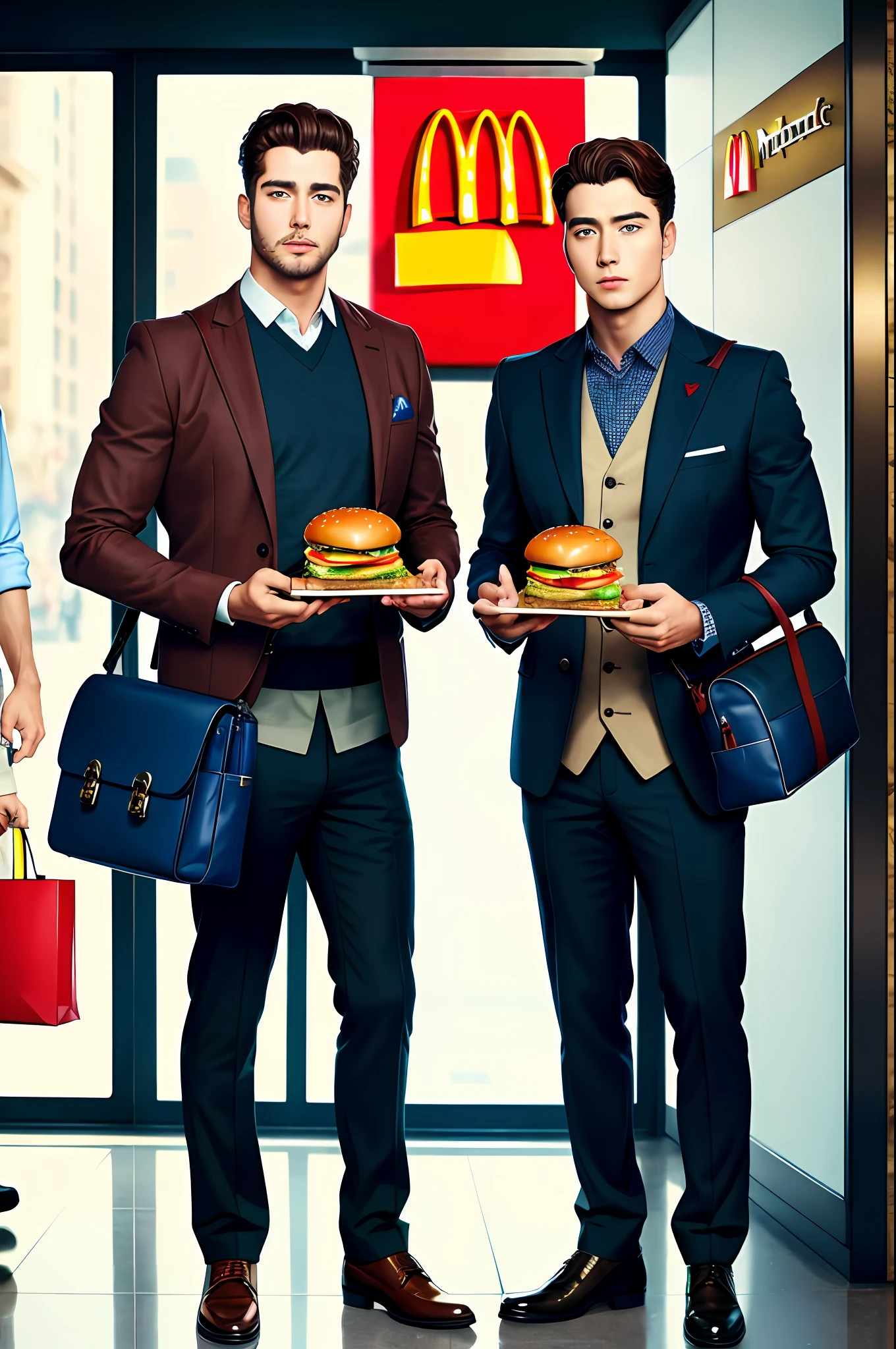masterpiece, best quality, realistic,2 men standing looking at viewer(mc donald's bag, food focus,