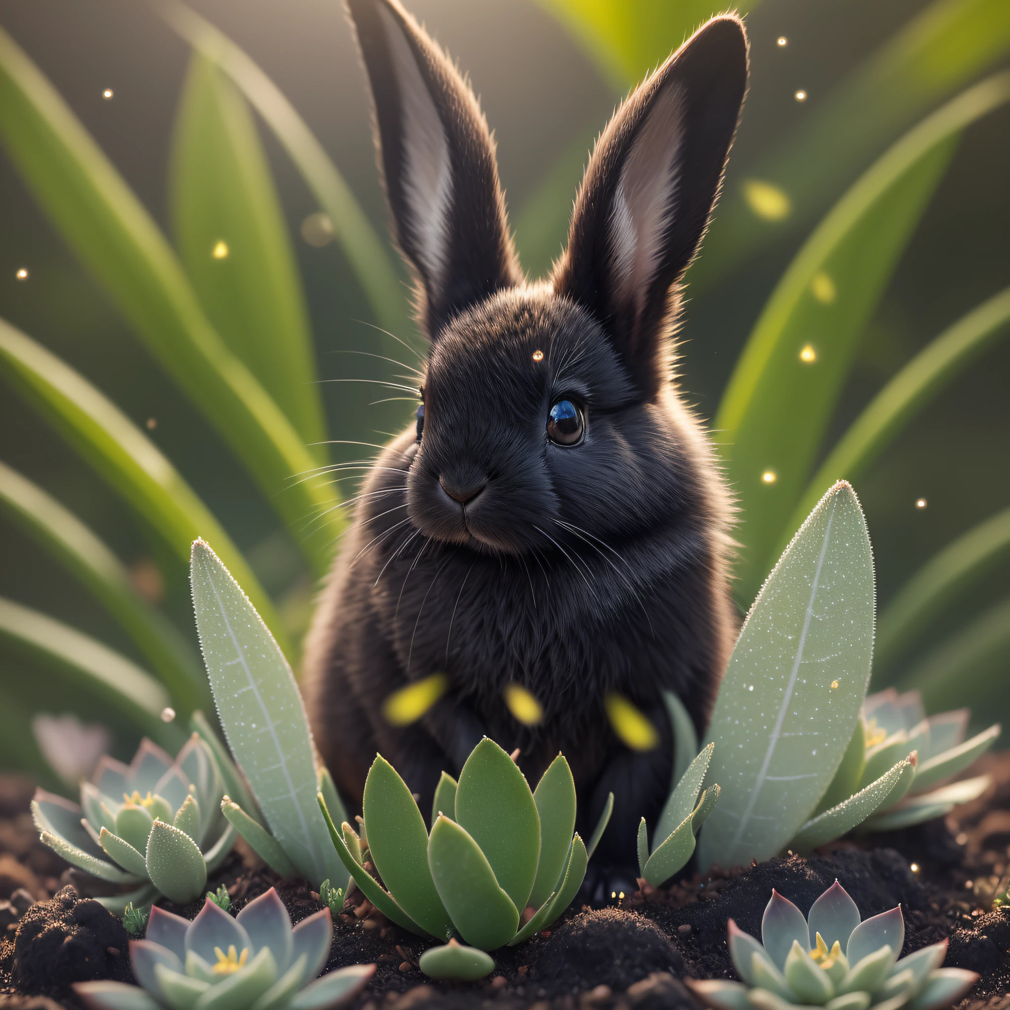 Black, a rabbit close-up photo, chubby fleshy, inside a succulent garden, small dewdrops, small water drops, evening, super close close, backlight, sunlight, glow, furry, fireflies, volumetric fog, halo, bloom, center, rule of thirds, 200mm 1.4f macro shot
