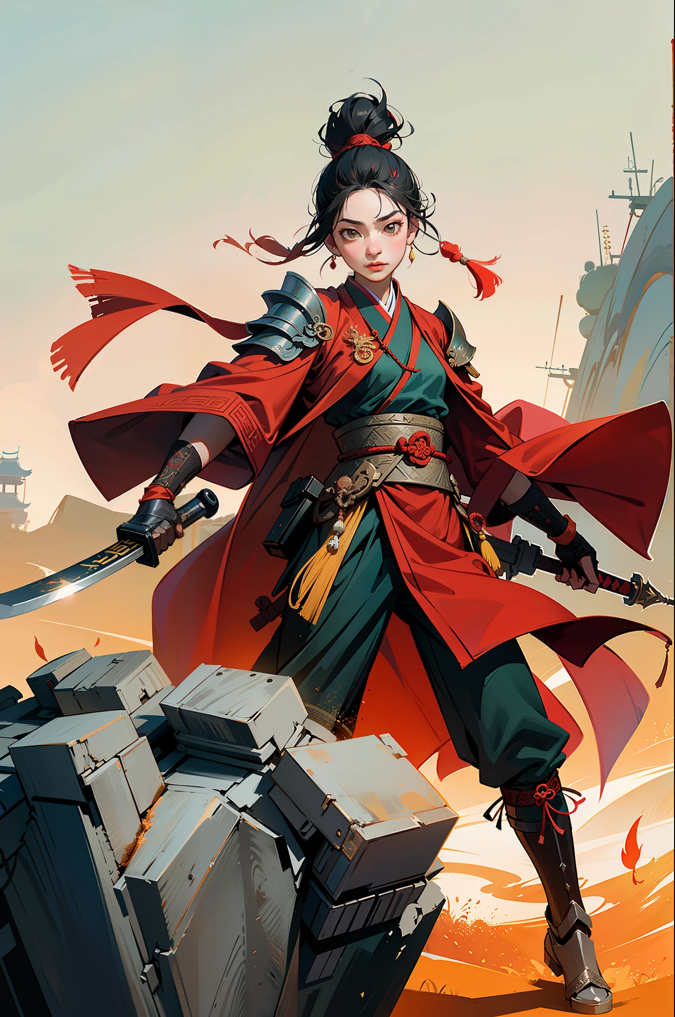 Chinese style, ancient battlefield, an ancient Chinese female general, holding a sword in her hand, grim expression, full body, amazing facial features, red robe, armor, boots, yellow sand in the sky, fleeing crowd, firelight, game model, stunning lighting, C4D, OC rendering, cinematic edge light, delicate light, masterpiece, super detailed, epic composition, super HD, high quality, highest quality, 32k