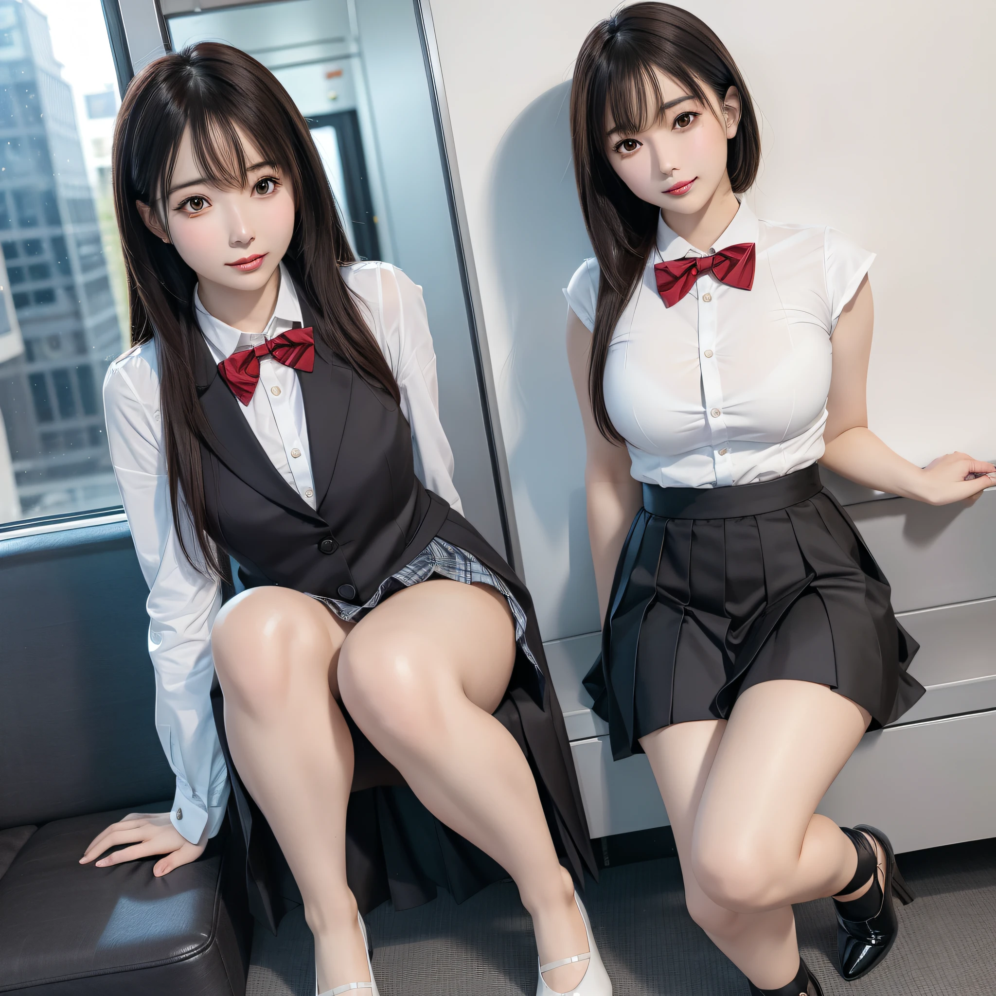 arafed Asian woman in a pleated short skirt and bow tie, half squat on a train, intense menstrual flow, wearing feminine tampon, beautiful girl, hyperrealistic, posing, full body, nice skin, shiny skin, nice thighs, shiny thighs, shiny legs