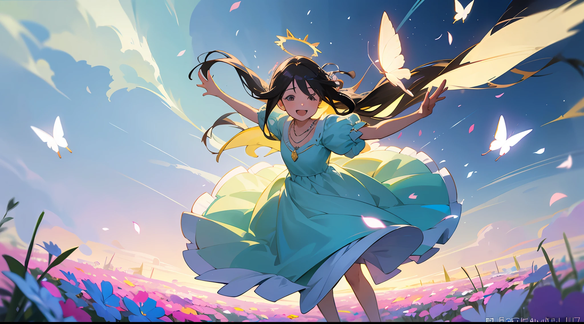 ((SFW))), Masterpiece, (High Quality), ((Photoreal)), (Cinematic Direction), (High Contrast), (Depth of Field: 1.3), (Award-winning Difference Photo: 1.1), (Face Detail), Detailed Drawing, There is a place in the forest where flowers bloom, Girl dancing in a snow-white summer dress in the flower field, Animals are jumping happily around the girl, Colorful little birds and butterflies flying around the girl, the girl is 9 , black hair very long hair, flower crown, full body figure, summer sky, summer clouds, summer dazzling sunlight, (flower garden), girl with open arms, dancing, necklace, ((smile)), smile, happy, fun, girl looking up at the sky, deer, flapping duck, flapping goose, hummingbird, European bulbul, kingfisher, European orli, ((butterfly)), (dazzling halo light), (dazzling glow: .1.6), (glow: 1.3), backlit, (colorful petals soar in the wind: 1.4), strong wind, teething, colorful flowers,