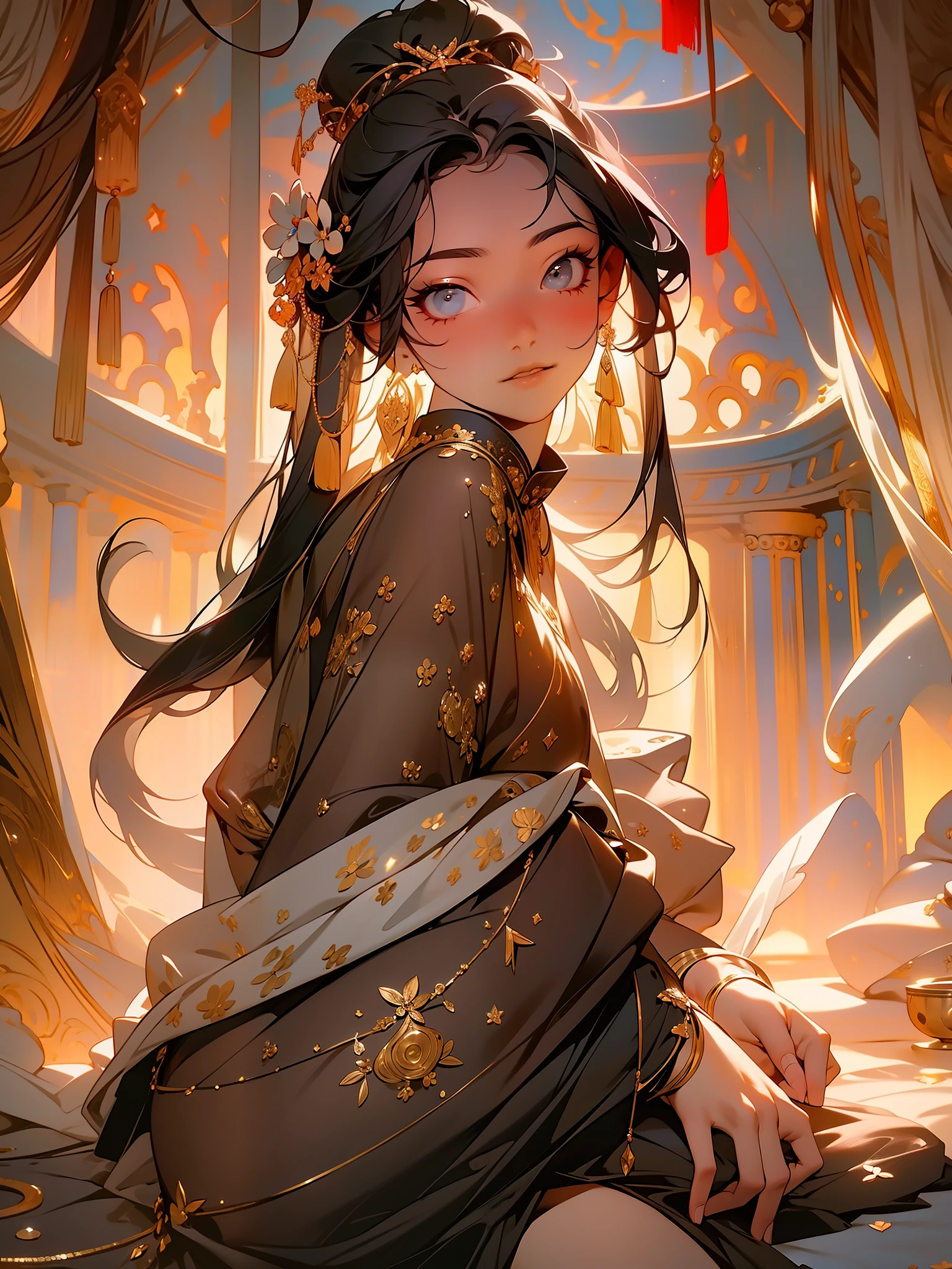 masterpiece, black hair, 1girl, looking at viewer, long hair, solo, jewelry, ancient art, chinese,